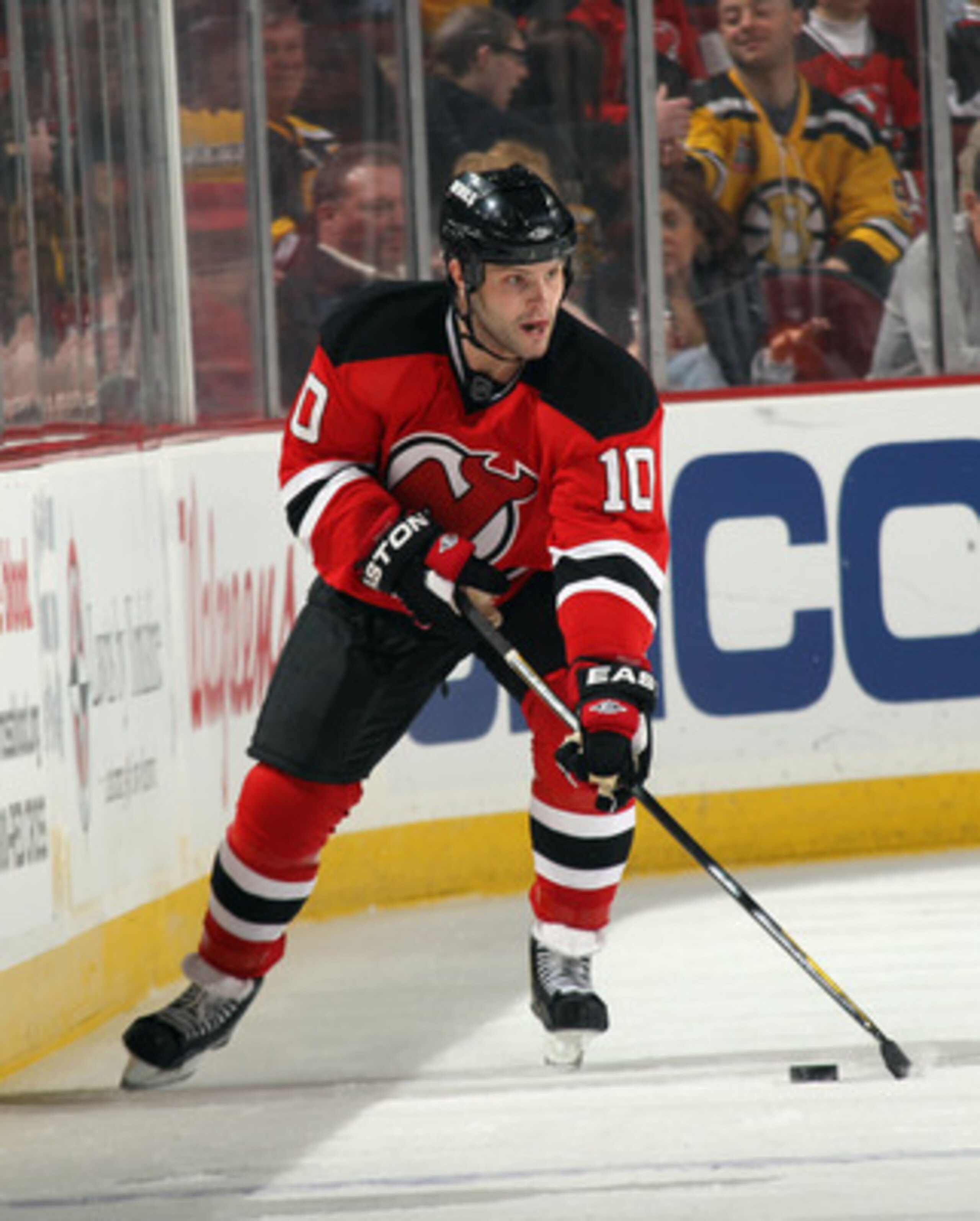 NEWARK, NJ - APRIL 10: Rod Pelley #10 of the New Jersey Devils skates against the Boston Bruins at the Prudential Center on April 10, 2011 in Newark, New Jersey.  (Photo by Bruce Bennett/Getty Images)