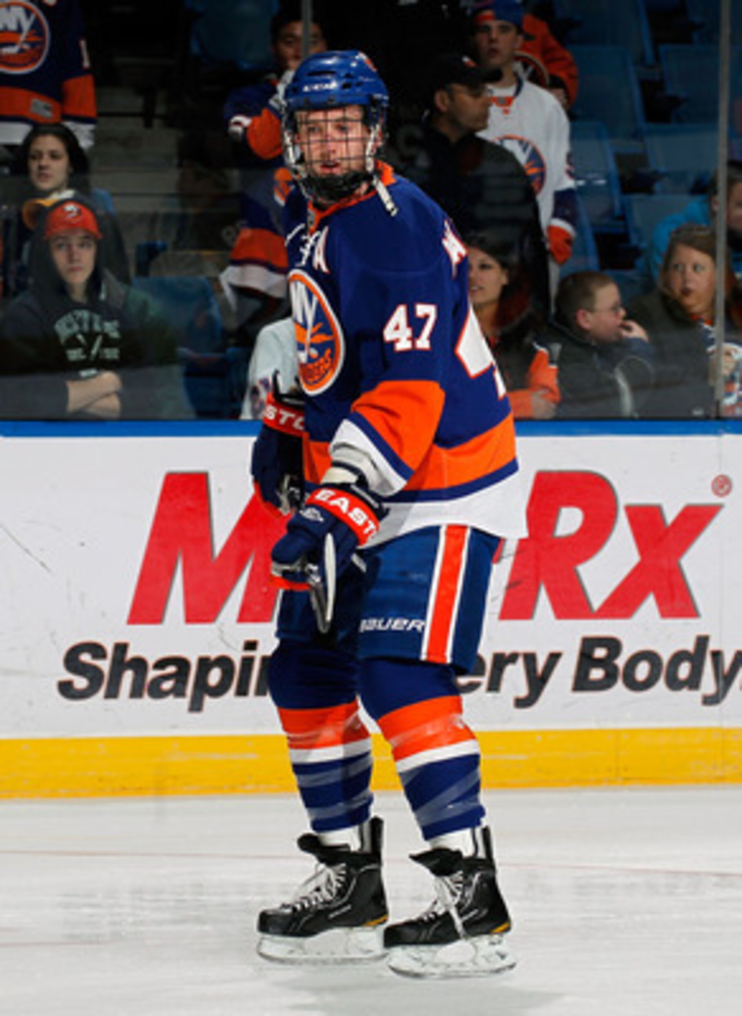 UNIONDALE, NY - MARCH 24: Andrew MacDonald #47 of the New York Islanders waits during warmups before an NHL hockey game against the Atlanta Thrashers at the Nassau Coliseum on March 24, 2011 in Uniondale, New York.  (Photo by Paul Bereswill/Getty Images)