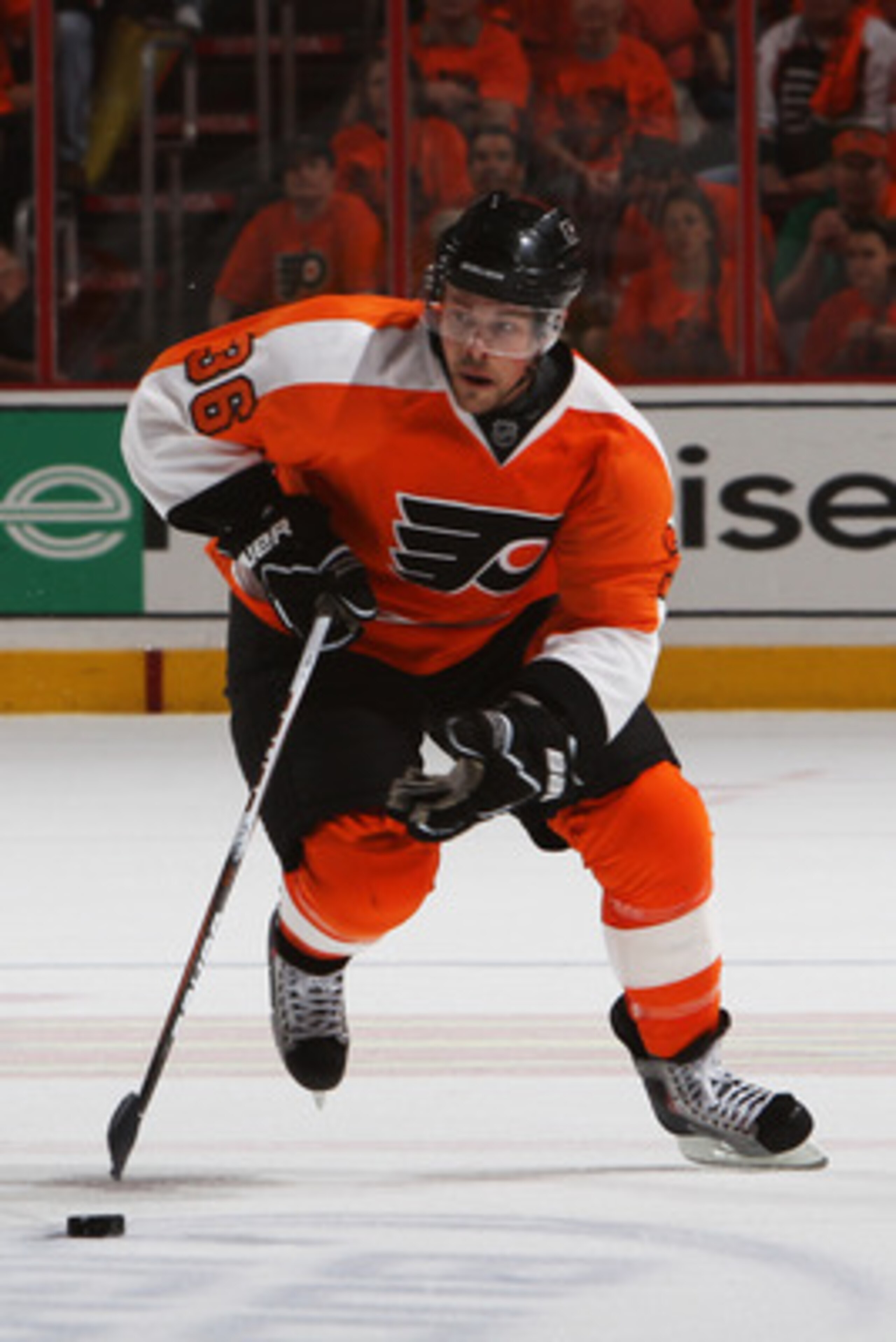 PHILADELPHIA, PA - APRIL 26:  Darroll Powe #36 of the Philadelphia Flyers controls the puck against the Buffalo Sabres in Game Seven of the Eastern Conference Quarterfinals during the 2011 NHL Stanley Cup Playoffs at Wells Fargo Center on April 26, 2011 i