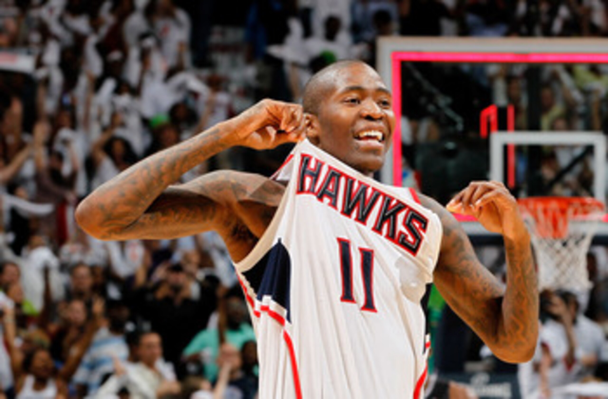 ATLANTA, GA - APRIL 28: Jamal Crawford #11 of the Atlanta Hawks reacts after their 84-81 win over the Orlando Magic during Game Six of the Eastern Conference Quarterfinals in the 2011 NBA Playoffs at Philips Arena on April 28, 2011 in Atlanta, Georgia. ATLANTA, GA - APRIL 28: Jamal Crawford #11 of the Atlanta Hawks reacts after their 84-81 win over the Orlando Magic during Game Six of the Eastern Conference Quarterfinals in the 2011 NBA Playoffs at Philips Arena on April 28, 2011 in Atlanta, Georgia.