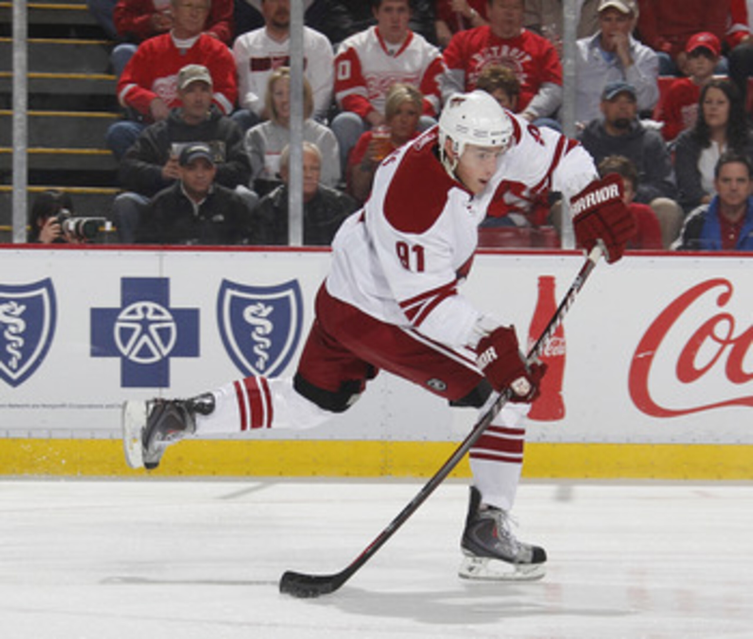 DETROIT, MI - APRIL 16: Kyle Turris #91 of the Phoenix Coyotes skates with the puck while playing the Detroit Red Wings in Game Two of the Western Conference Quarterfinals during the 2011 Stanley Cup Playoffs at Joe Louis Arena on April 16, 2011 in Detroi