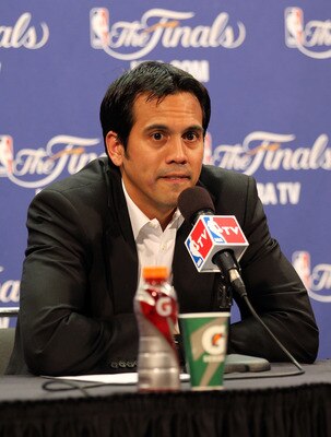 MIAMI, FL - JUNE 12:  Head coach Erik Spoelstra of the Miami Heat answers questions from the media after the Dallas Mavericks won 105-95 in Game Six of the 2011 NBA Finals at American Airlines Arena on June 12, 2011 in Miami, Florida. NOTE TO USER: User e