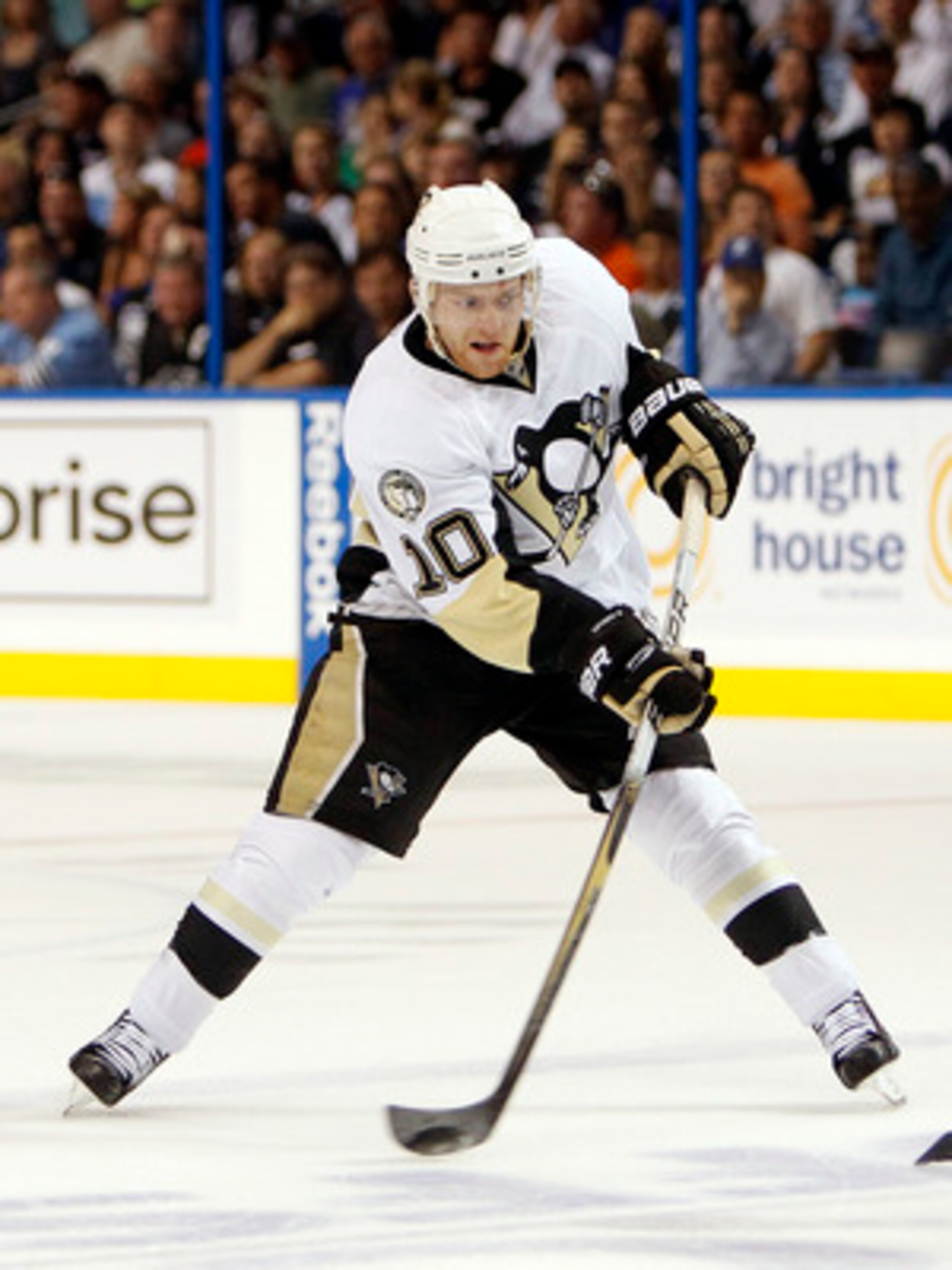 TAMPA, FL - APRIL 18: Mark Letestu #10 of the Pittsburgh Penguins skates with the puck against the Tampa Bay Lightning in Game Three of the Eastern Conference Quarterfinals during the 2011 NHL Stanley Cup Playoffs at the St. Pete Times Forum on April 18, 