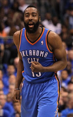 DALLAS, TX - MAY 25:  James Harden #13 of the Oklahoma City Thunder reacts in the second half while taking on the Dallas Mavericks in Game Five of the Western Conference Finals during the 2011 NBA Playoffs at American Airlines Center on May 25, 2011 in Da