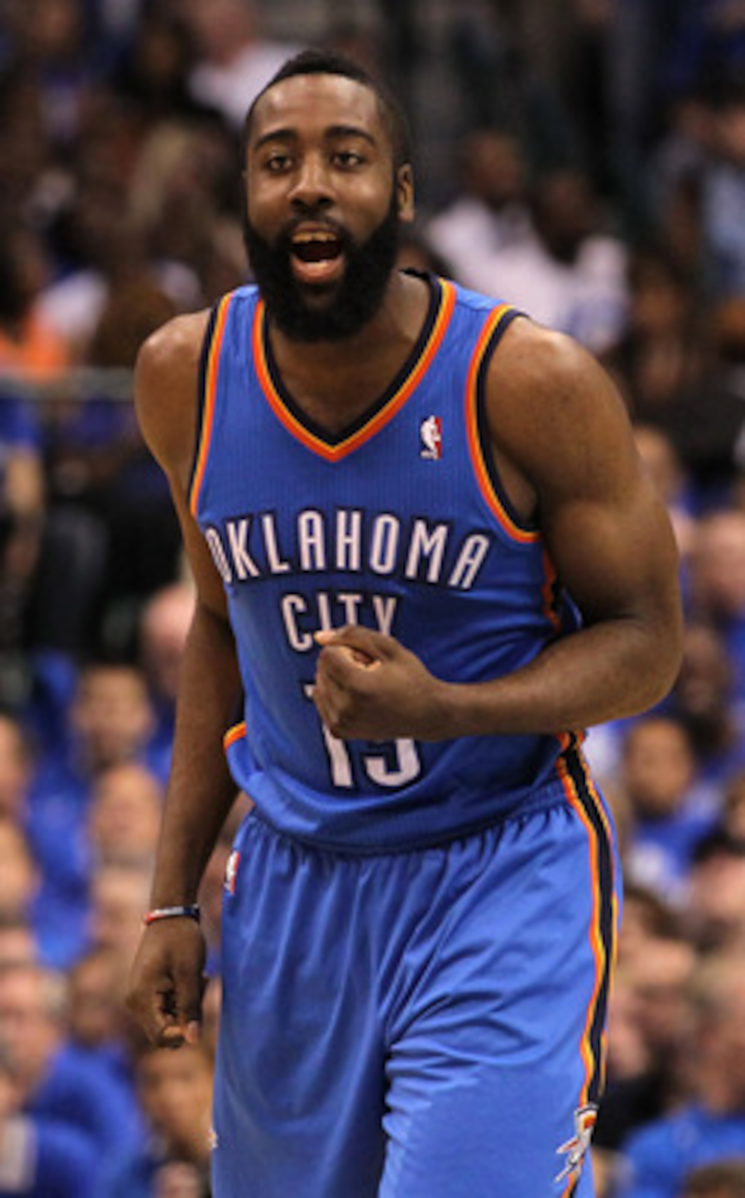 DALLAS, TX - MAY 25: James Harden #13 of the Oklahoma City Thunder reacts in the second half while taking on the Dallas Mavericks in Game Five of the Western Conference Finals during the 2011 NBA Playoffs at American Airlines Center on May 25, 2011 in Da DALLAS, TX - MAY 25: James Harden #13 of the Oklahoma City Thunder reacts in the second half while taking on the Dallas Mavericks in Game Five of the Western Conference Finals during the 2011 NBA Playoffs at American Airlines Center on May 25, 2011 in Da