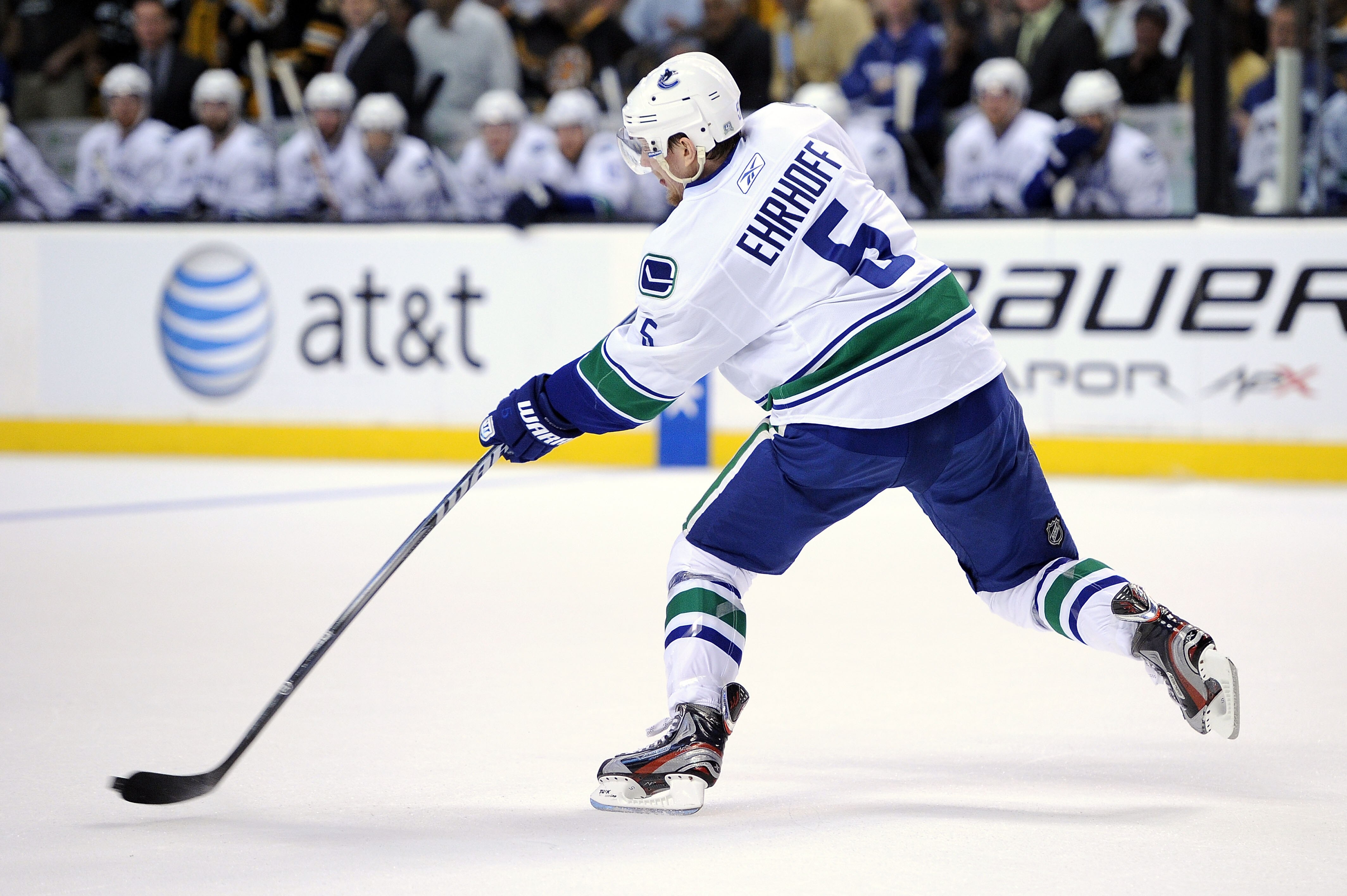 BOSTON, MA - JUNE 08:  Christian Ehrhoff #5 of the Vancouver Canucks skates against the Boston Bruins during Game Four of the 2011 NHL Stanley Cup Final at TD Garden on June 8, 2011 in Boston, Massachusetts.  (Photo by Harry How/Getty Images)