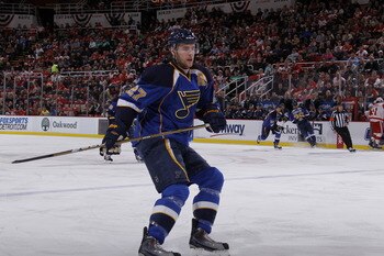 DETROIT, MI - MARCH 30:  Alex Pietrangelo #27 of the St. Louis Blues skates against the Detroit Red Wings at Joe Louis Arena on March 30, 2011 in Detroit, Michigan.  (Photo by Gregory Shamus/Getty Images)