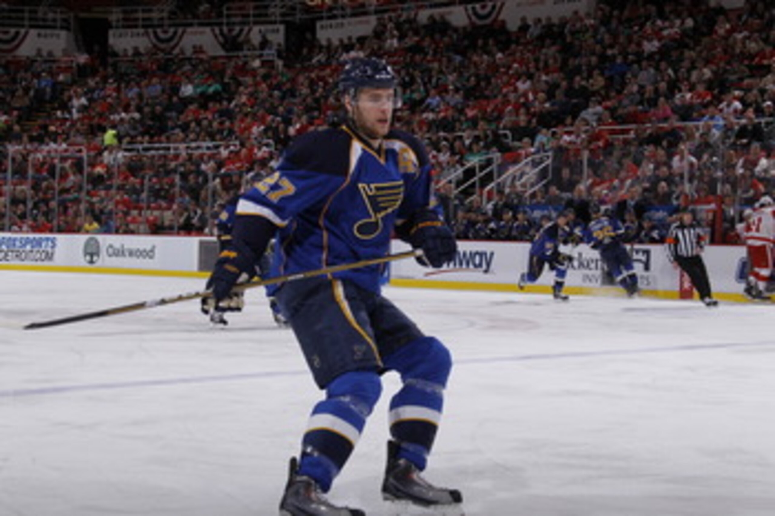 DETROIT, MI - MARCH 30:  Alex Pietrangelo #27 of the St. Louis Blues skates against the Detroit Red Wings at Joe Louis Arena on March 30, 2011 in Detroit, Michigan.  (Photo by Gregory Shamus/Getty Images)