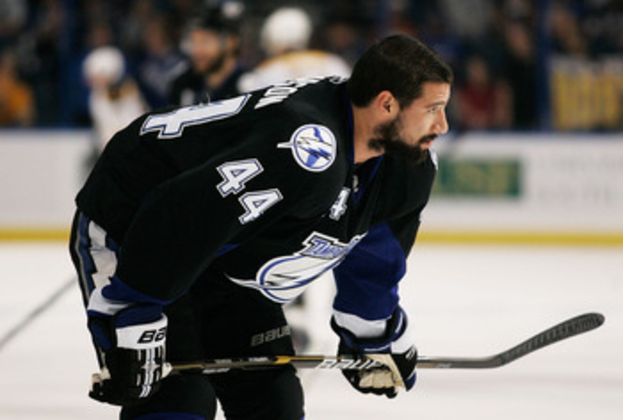 TAMPA, FL - MAY 21:  Nate Thompson #44 of the Tampa Bay Lightning warms up for Game Four of the Eastern Conference Finals against the Boston Bruins during the 2011 NHL Stanley Cup Playoffs at St Pete Times Forum on May 21, 2011 in Tampa, Florida.  (Photo 