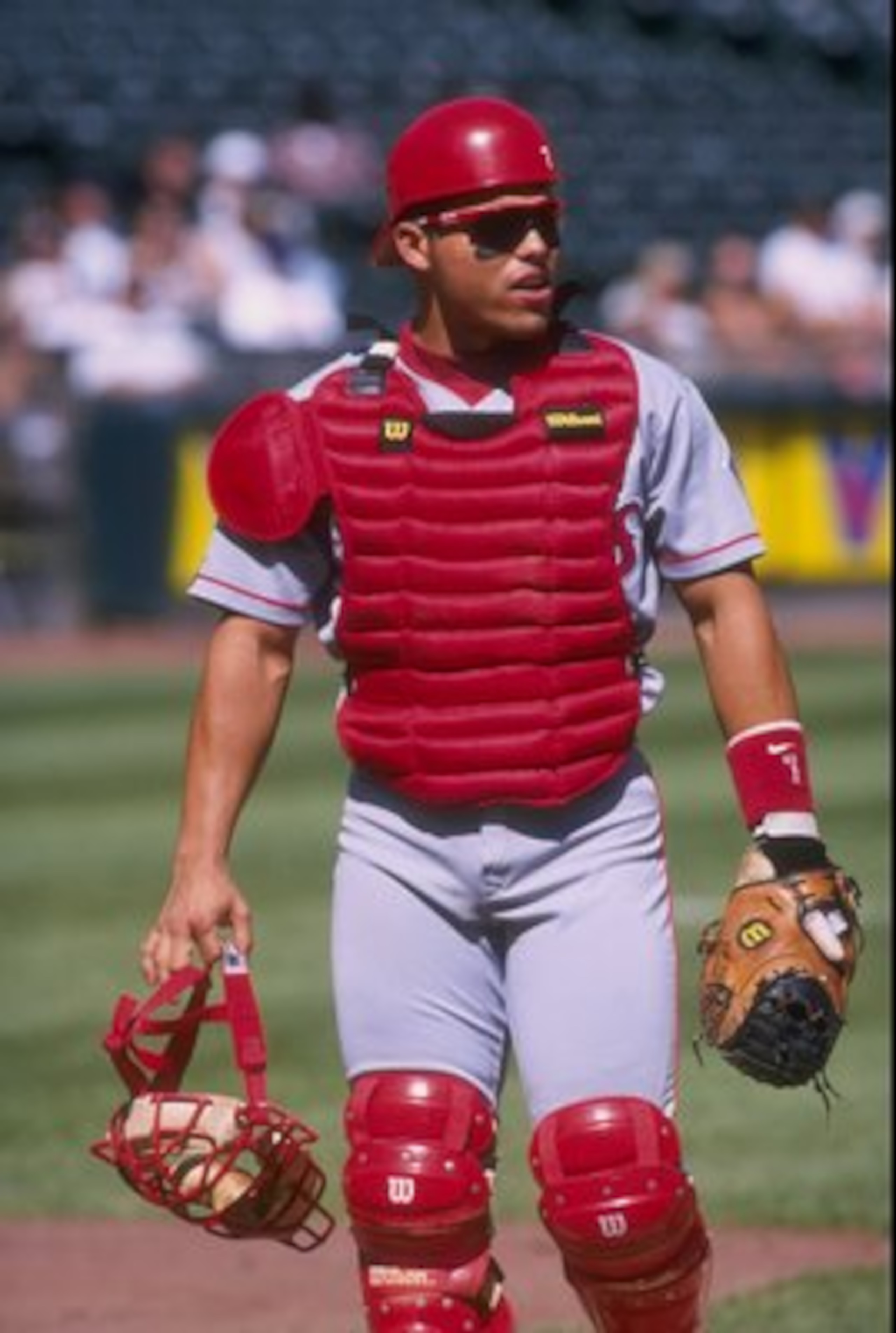 23 Sep 1997:  Catcher Ivan Rodriguez of the Texas Rangers in action during a game against the Oakland Athletics at UMAX Coliseum in Oakland, California.  The Rangers won the game 14-6. Mandatory Credit: Otto Greule  /Allsport