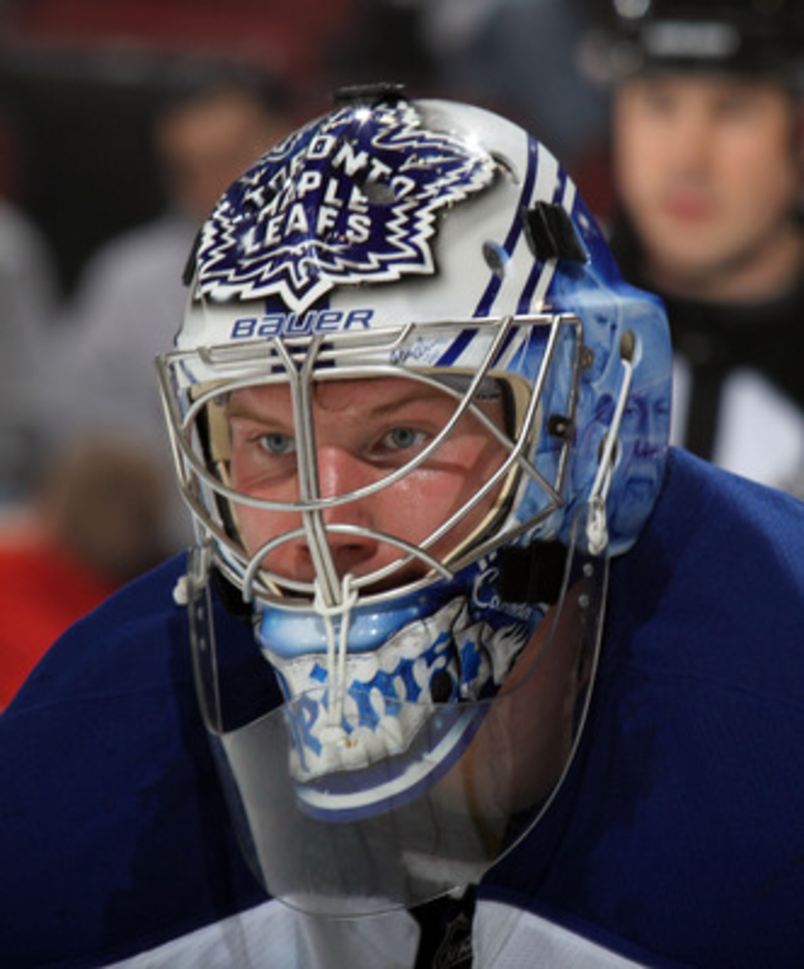 NEWARK, NJ - APRIL 06: James Reimer #34 of the Toronto Maple Leafs keeps an eye on the action in his game against the New Jersey Devils at the Prudential Center on April 6, 2011 in Newark, New Jersey. The Devils defeated the Maple Leafs 4-2. (Photo by Bru