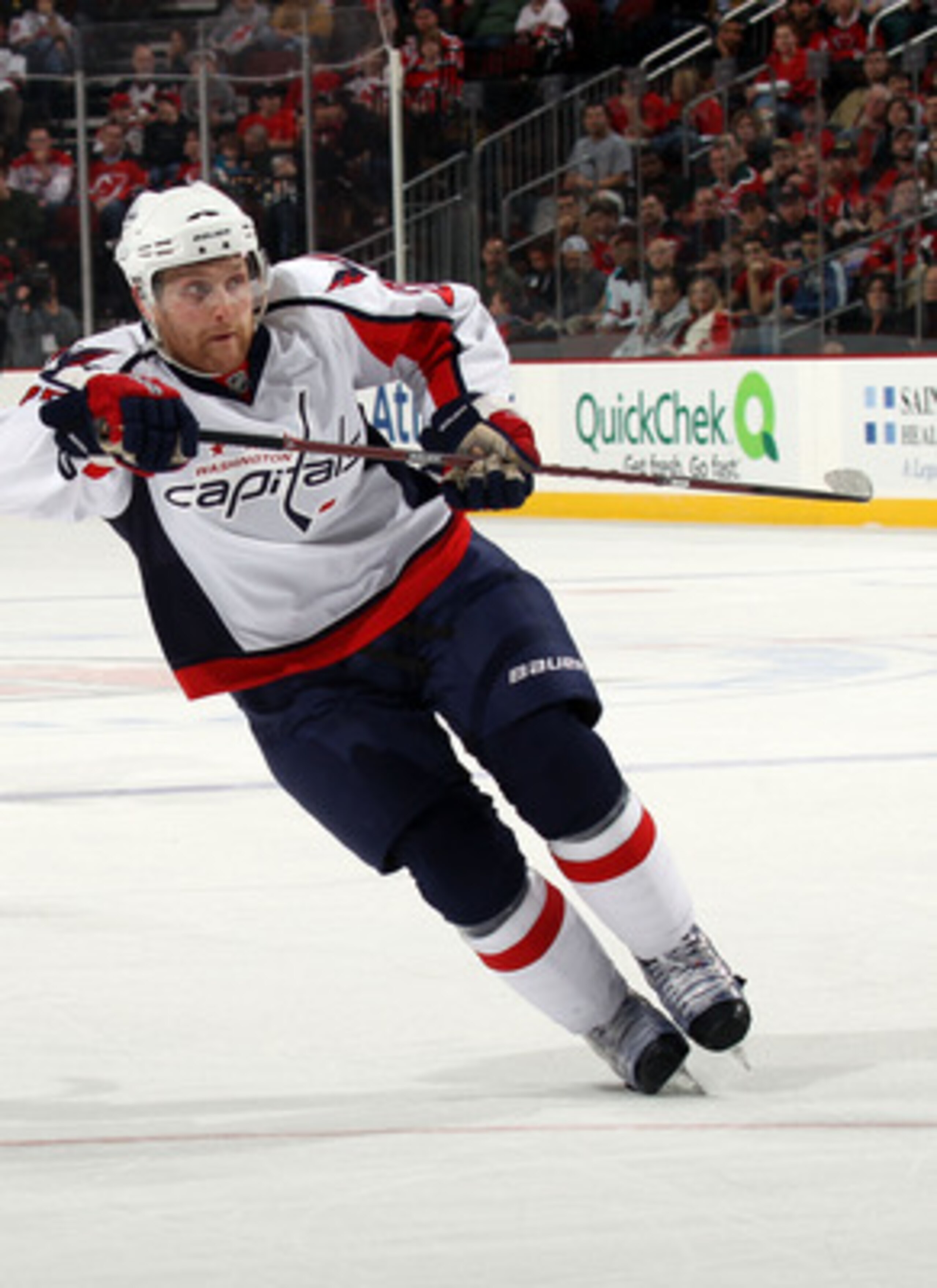 NEWARK, NJ - MARCH 18:  Karl Alzner #27 of the Washington Capitals skates against the New Jersey Devils at the Prudential Center on March 18, 2011 in Newark, New Jersey. The Capitals shut out the Devils 3-0.  (Photo by Bruce Bennett/Getty Images)