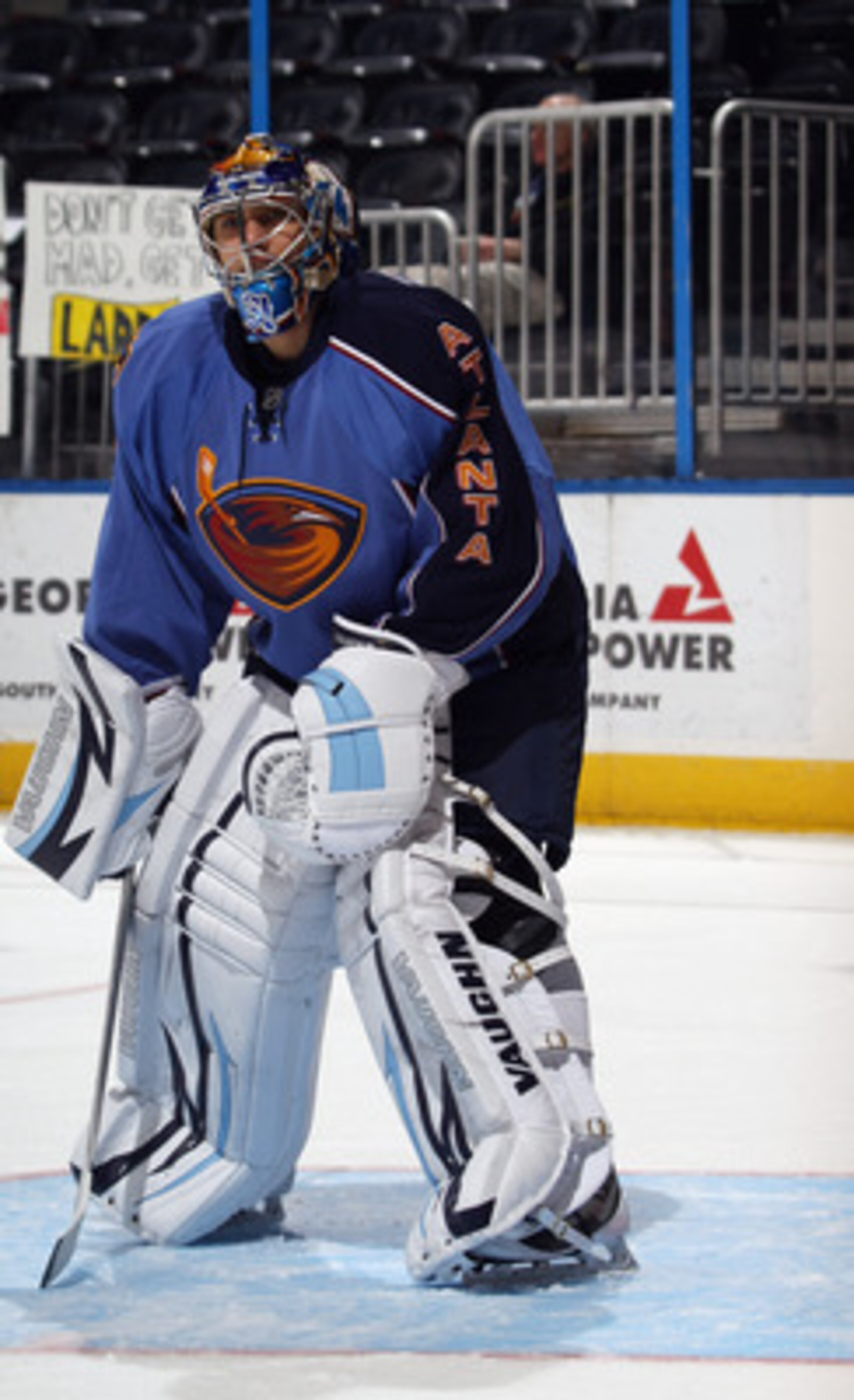 ATLANTA, GA - MARCH 27:  Ondrej Pavelec #31 of the Atlanta Thrashers skates in warmups prior to the game against the Ottawa Senators at the Philips Arena on March 27, 2011 in Atlanta, Georgia. The Thrashers defeated the 5-4 in the shoot out.  (Photo by Br
