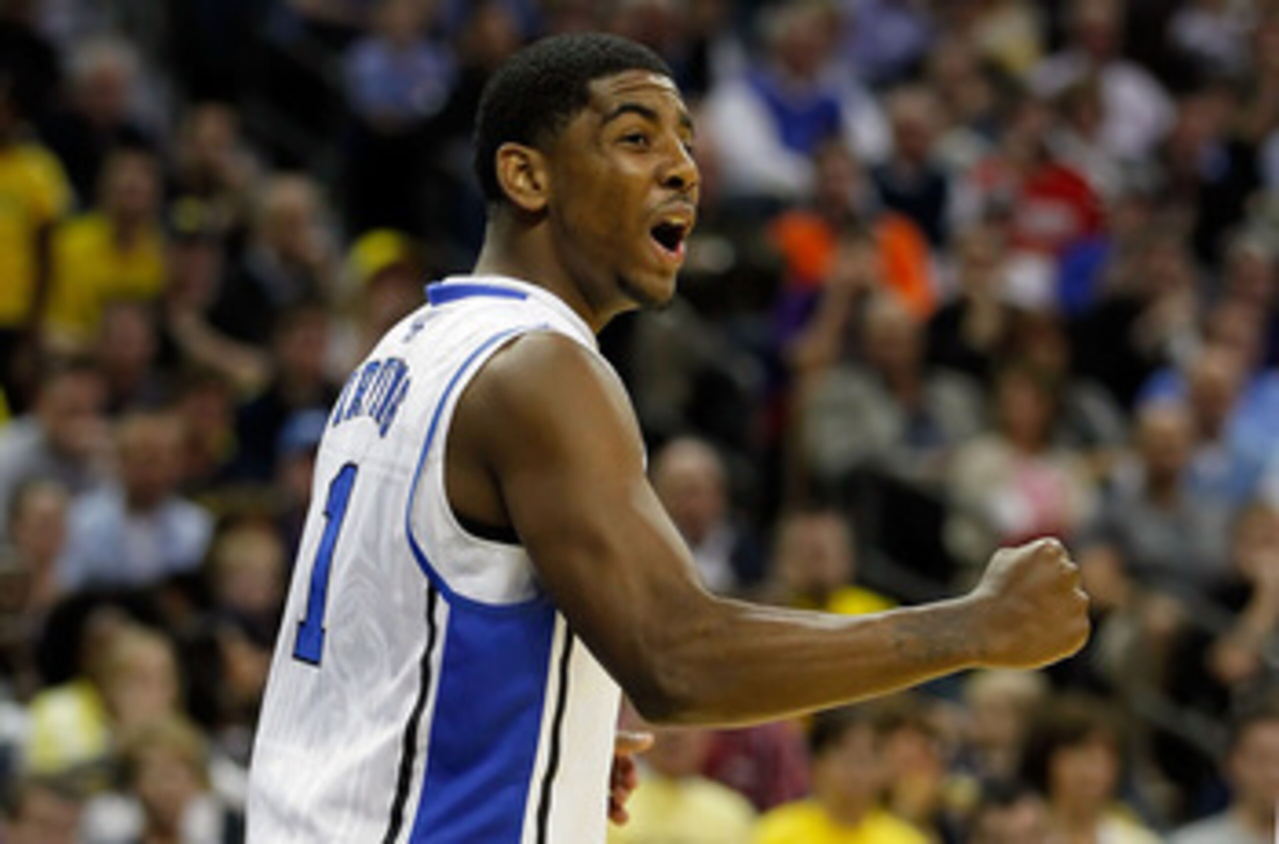CHARLOTTE, NC - MARCH 20:  Kyrie Irving #1 of the Duke Blue Devils reacts in the first half while taking on the Michigan Wolverines during the third round of the 2011 NCAA men's basketball tournament at Time Warner Cable Arena on March 20, 2011 in Charlot
