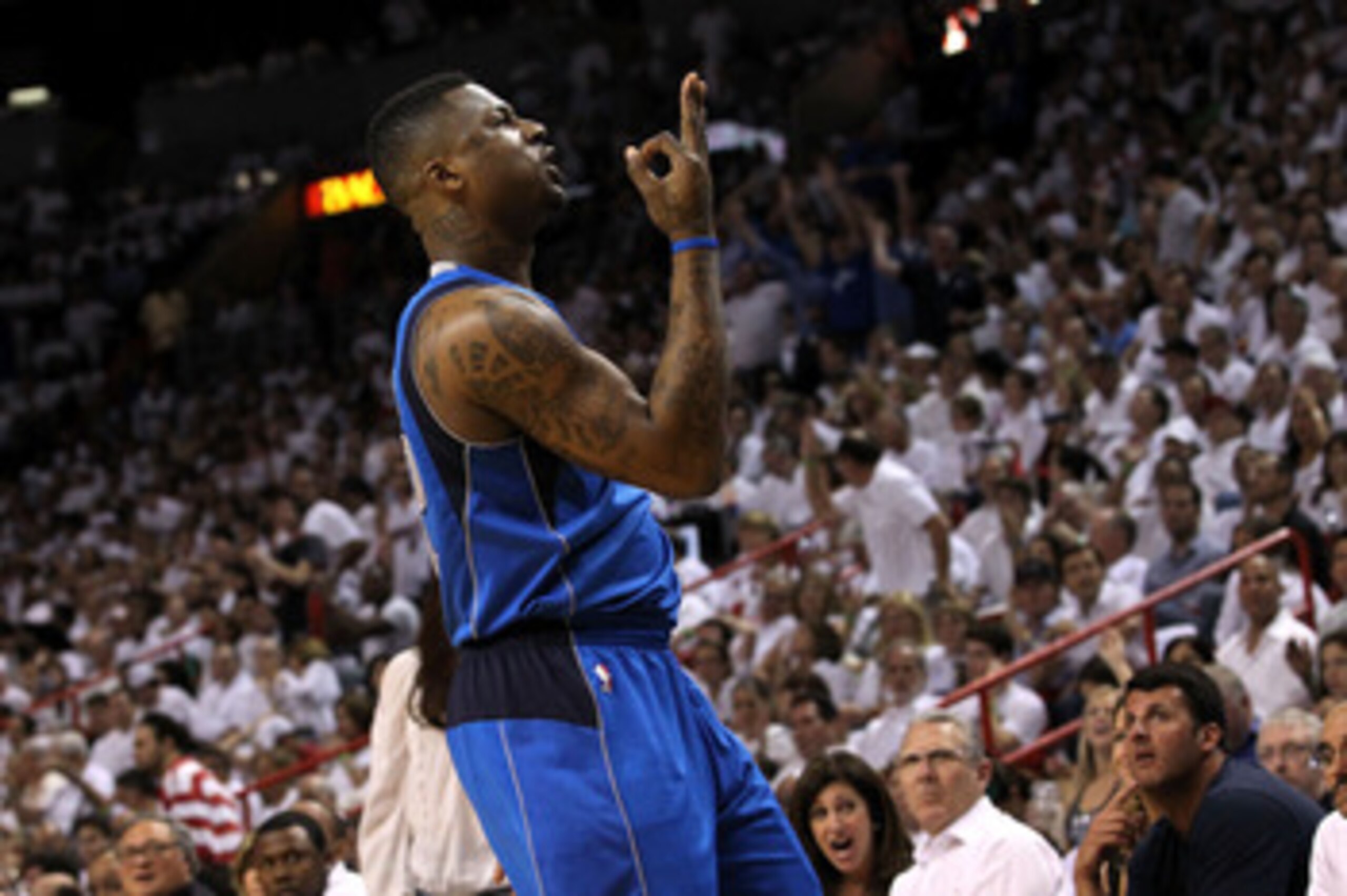 MIAMI, FL - JUNE 12:  DeShawn Stevenson #92 of the Dallas Mavericks celebrates after he made a 3-point shot in the first half against the Miami Heat in Game Six of the 2011 NBA Finals at American Airlines Arena on June 12, 2011 in Miami, Florida. NOTE TO 