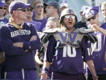 SEATTLE - SEPTEMBER 6:  A Washington Huskies fan shows his support during the game between the BYU Cougars and the Washington Huskies on September 6, 2008 at Husky Stadium in Seattle, Washington. The Cougars defeated the Huskies 28-27. (Photo by Otto Greu