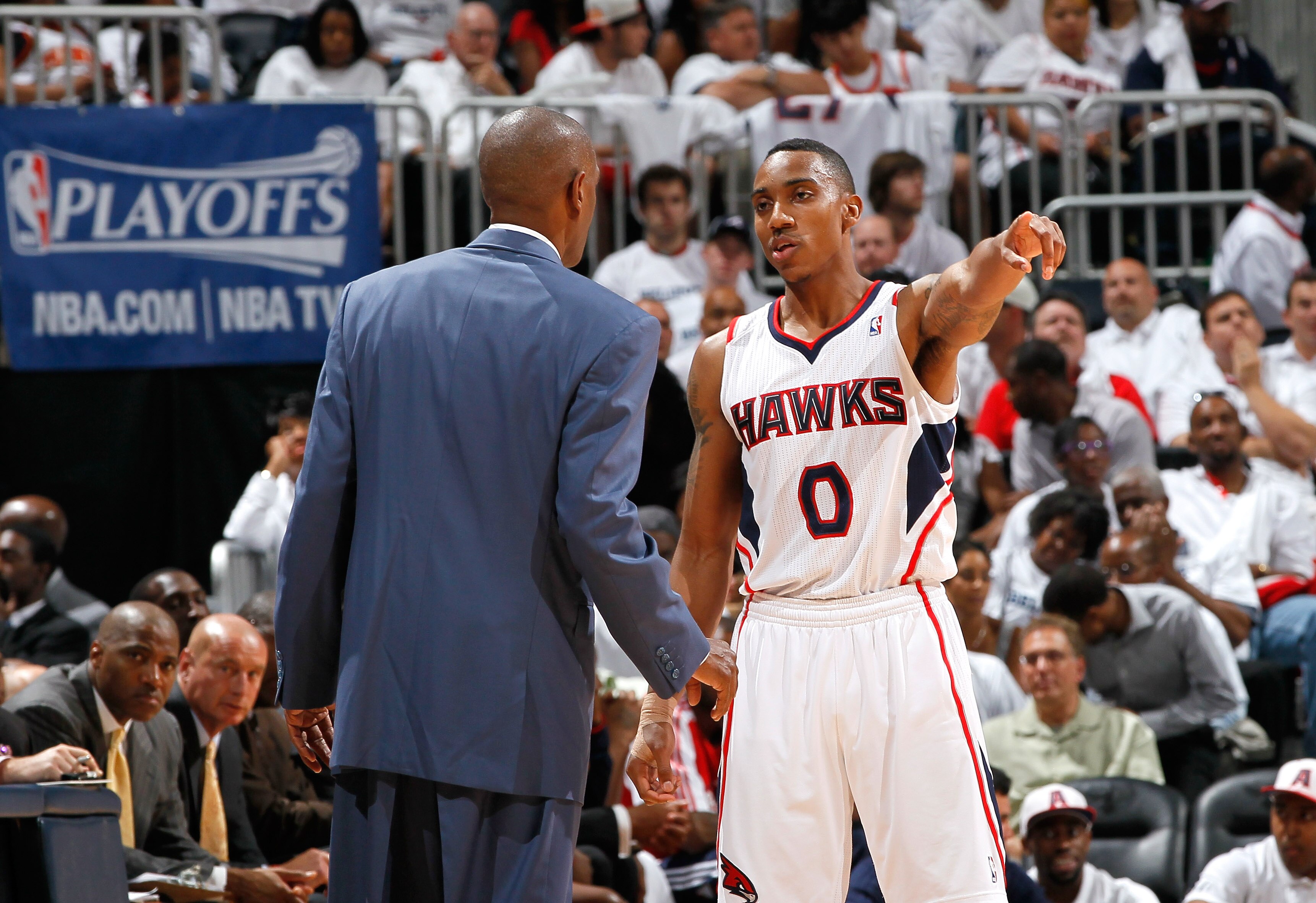 ATLANTA, GA - MAY 12:  Jeff Teague #0 and Larry Drew of the Atlanta Hawks against the Chicago Bulls in Game Six of the Eastern Conference Semifinals in the 2011 NBA Playoffs at Phillips Arena on May 12, 2011 in Atlanta, Georgia.  NOTE TO USER: User expres