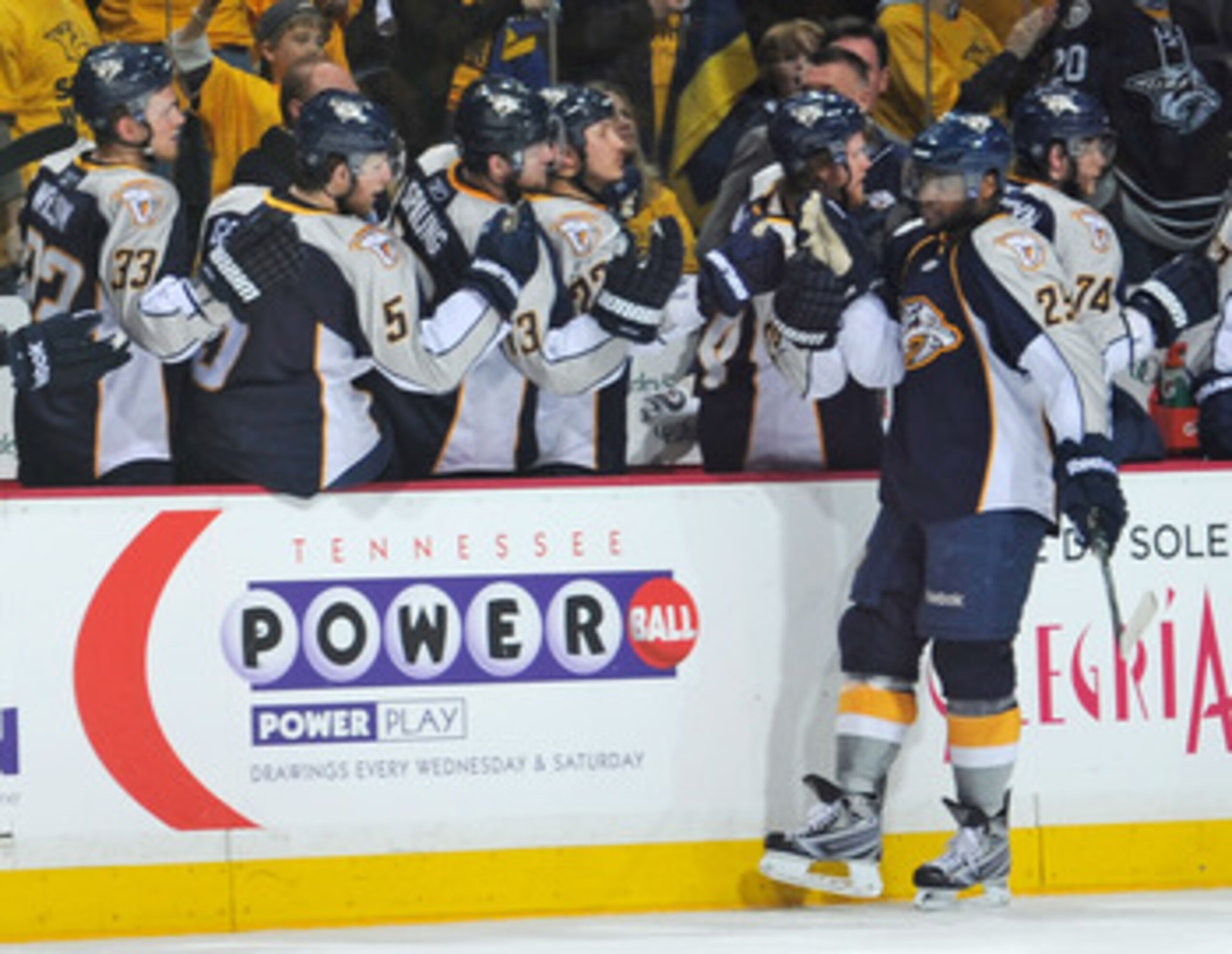 NASHVILLE, TN - MAY 05:  Joel Ward #29 of the Nashville Predators is congratulated by teammates after scoring a goal against the Vancouver Canucks in Game Four of the Western Conference Semifinals at Bridgestone Arena on May 5, 2011 in Nashville, Tennesse