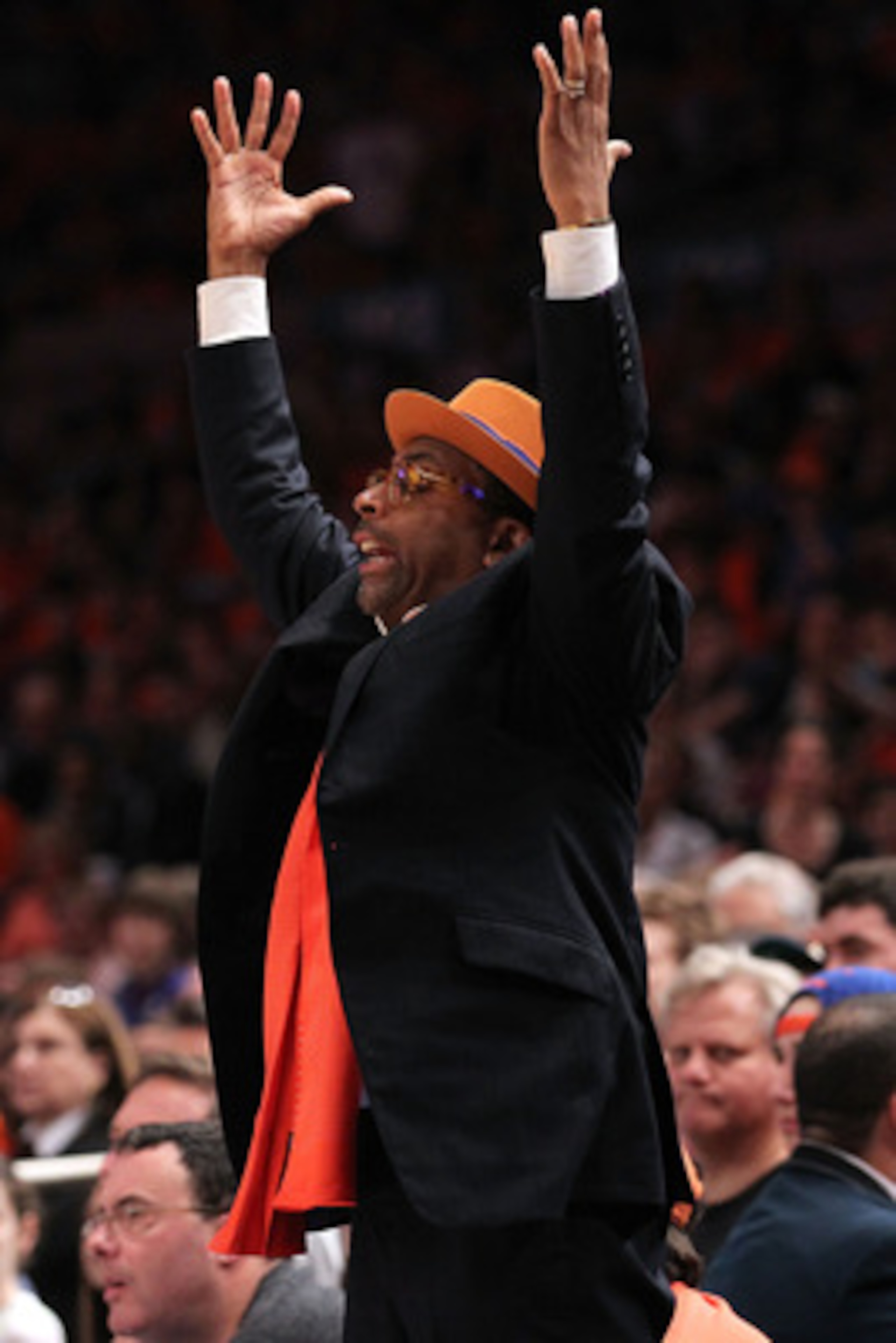 NEW YORK, NY - APRIL 24:  Director Spike Lee reacts as the New York Knicks play against the Boston Celtics in Game Four of the Eastern Conference Quarterfinals during the 2011 NBA Playoffs on April 24, 2011 at Madison Square Garden in New York City. NOTE 