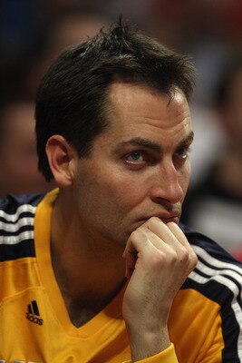 CHICAGO, IL - APRIL 26: Jeff Foster #10 of the Indiana Pacers watches his teammates take on the Chicago Bulls from the bench in Game Five of the Eastern Conference Quarterfinals in the 2011 NBA Playoffs at the United Center on April 26, 2011 in Chicago, I
