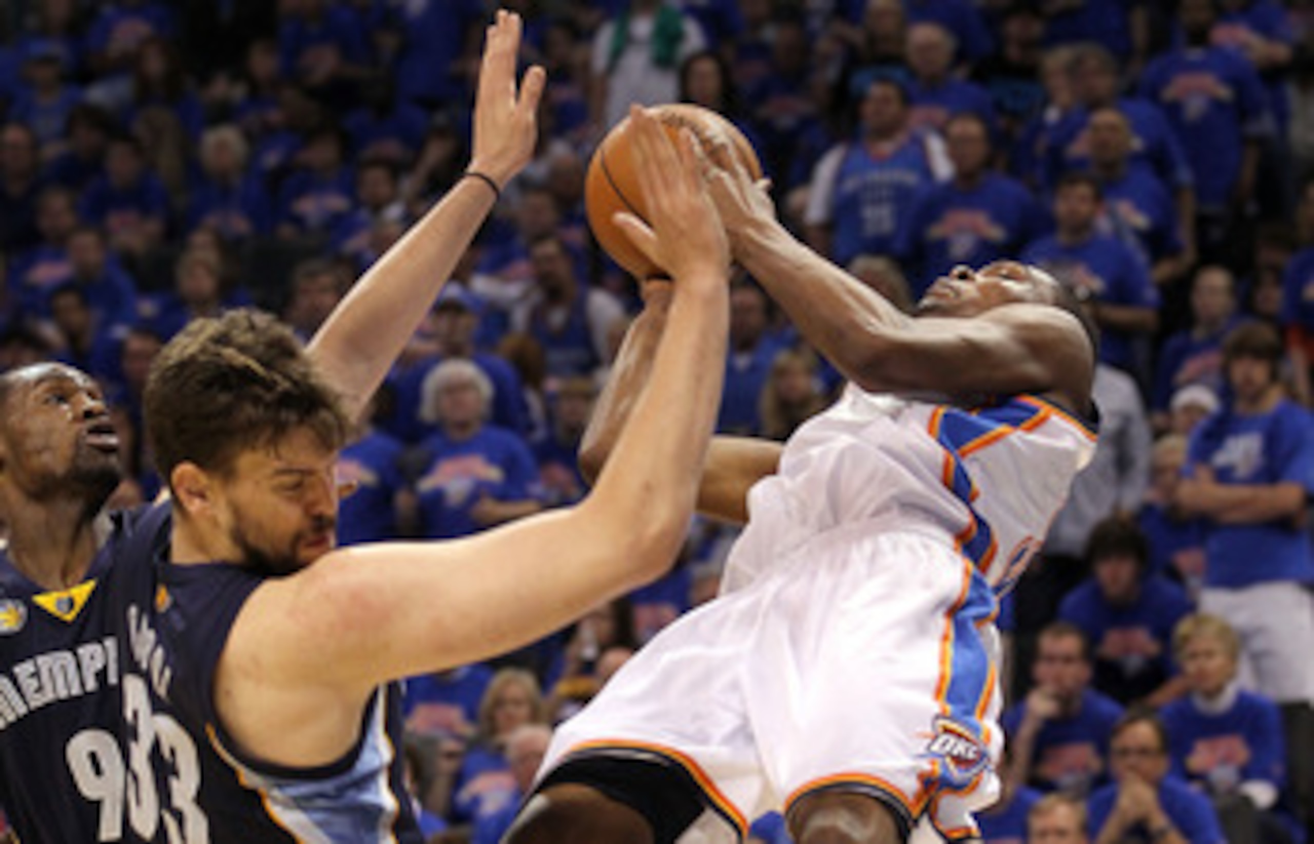 OKLAHOMA CITY, OK - MAY 15:  Forward Kevin Durant #35 of the Oklahoma City Thunder is fouled by Marc Gasol #33 of the Memphis Grizzlies in Game Seven of the Western Conference Semifinals in the 2011 NBA Playoffs on May 15, 2011 at Oklahoma City Arena in O