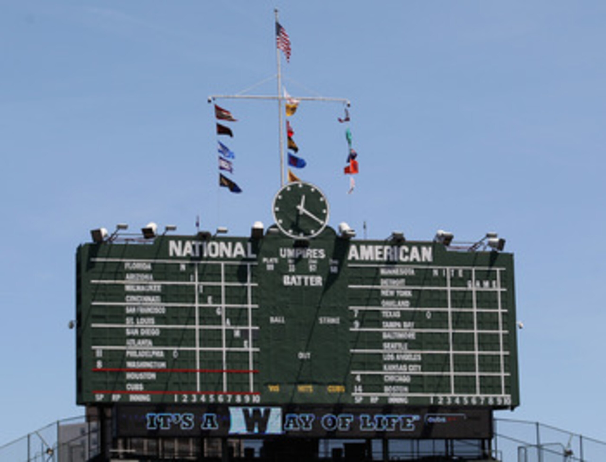 CHICAGO, IL - JUNE 01: The scoreboard is seen before a game between the Chicago Cubs and the Houston Astros at Wrigley Field on June 1, 2011 in Chicago, Illinois. The Astros defeated the Cubs 3-1.(Photo by Jonathan Daniel/Getty Images)