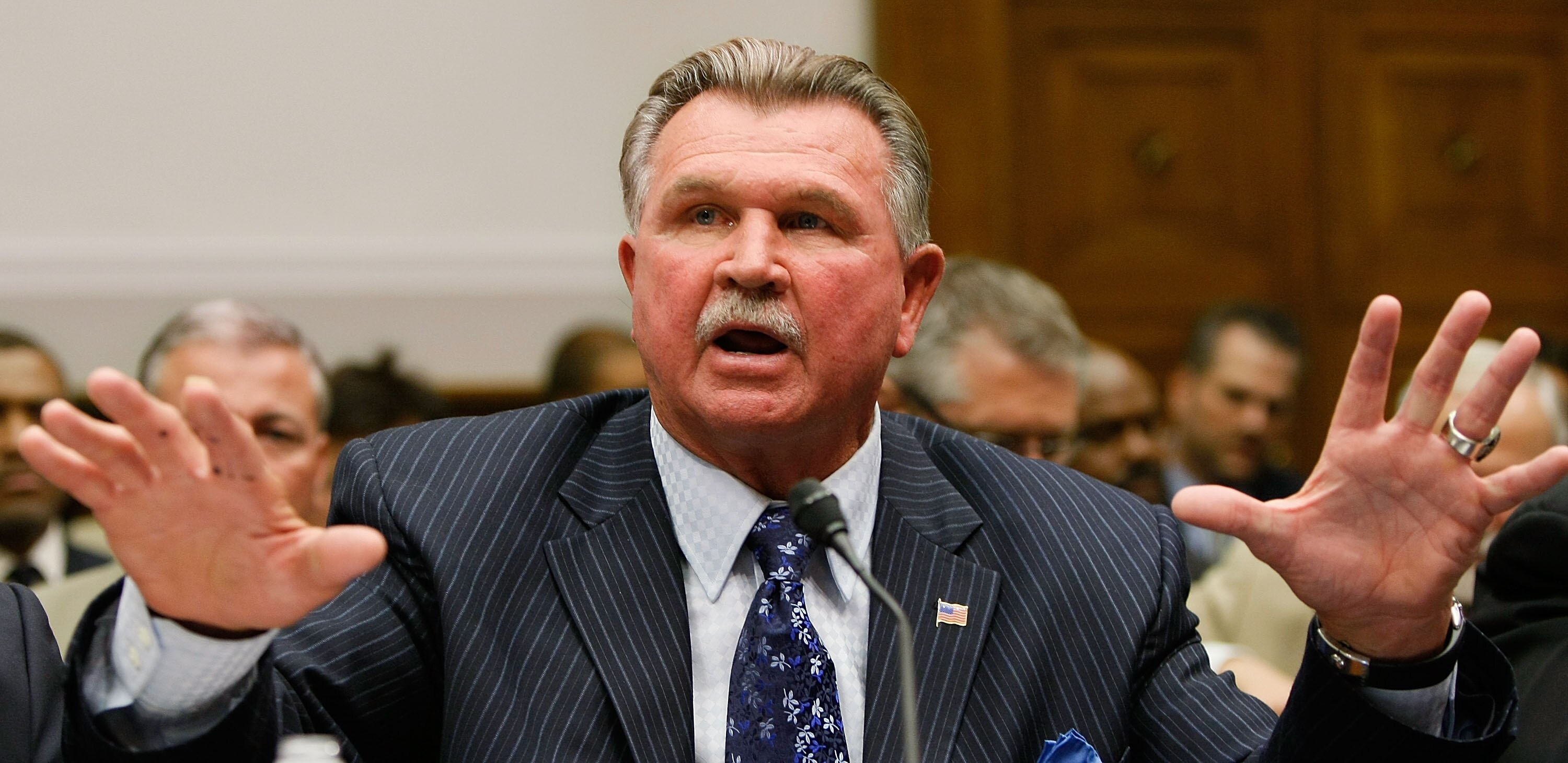 WASHINGTON - JUNE 26:  During a congressional hearing on the National Football League's system for compensating retired players, Hall of Fame tight end and head coach Mike Ditka testifies June 26, 2007 in Washington, DC. Former players and coaches includi