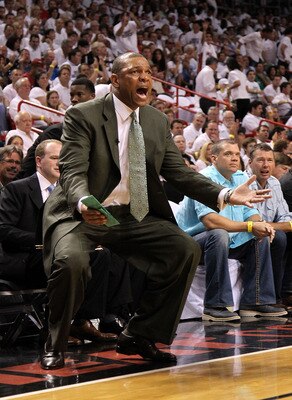 MIAMI, FL - MAY 11:  Boston Celtics head coach Doc Rivers reacts on the sideline during Game Five of the Eastern Conference Semifinals of the 2011 NBA Playoffs against the Miami Heat at American Airlines Arena on May 11, 2011 in Miami, Florida. NOTE TO US