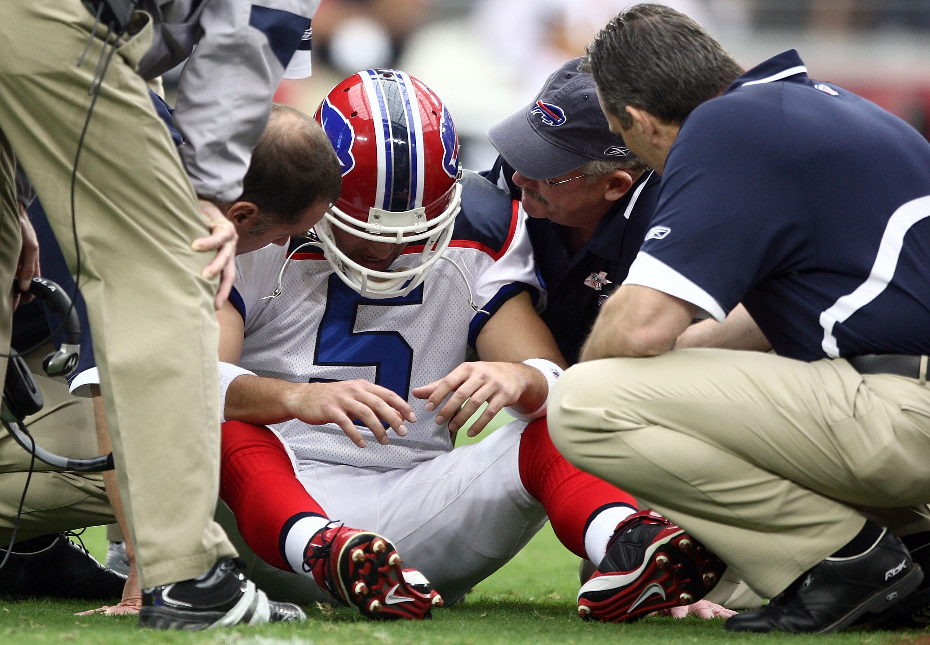 GLENDALE, AZ - OCTOBER 05: Starting Quarterback Trent Edwards #5 of the Buffalo Bills suffers a concussion after getting hit by Strong Safety Adrian Wilson #24 of the Arizona Cardinals during the first half of their NFL Game on October 5, 2008 at Stadium