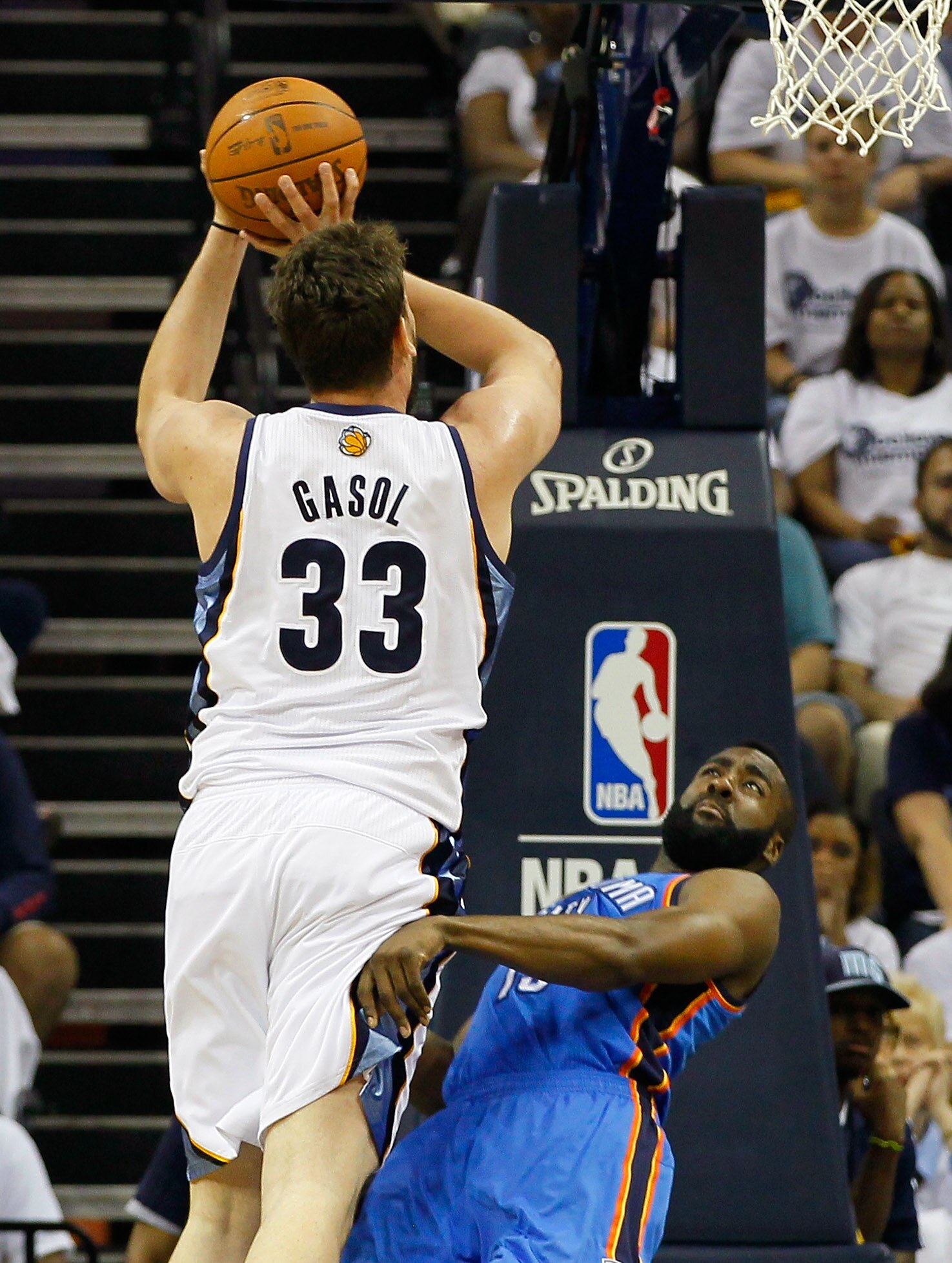 MEMPHIS, TN - MAY 13:  Marc Gasol #33 of the Memphis Grizzlies against James Harden #13 of the Oklahoma City Thunder in Game Six of the Western Conference Semifinals in the 2011 NBA Playoffs at FedExForum on May 13, 2011 in Memphis, Tennessee.  NOTE TO US