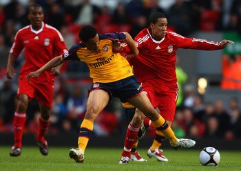 LIVERPOOL, ENGLAND - MAY 26:  Tom Ince of Liverpool battles with Francis Coquelin  of Arsenal during the second leg of the FA Youth Cup final sponsored by E.ON, between Liverpool and Arsenal at Anfield on May 26, 2009 in Liverpool, England.  (Photo by Jam