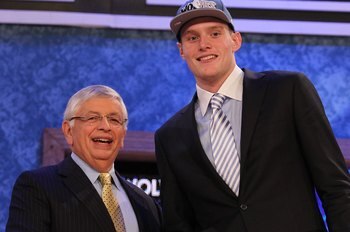 NEW YORK - JUNE 24:  Luke Babbitt stands with NBA Commisioner David Stern after being drafted sixteenth by The Minnesota Timberwolves  at Madison Square Garden on June 24, 2010 in New York, New York.  (Photo by Al Bello/Getty Images)
