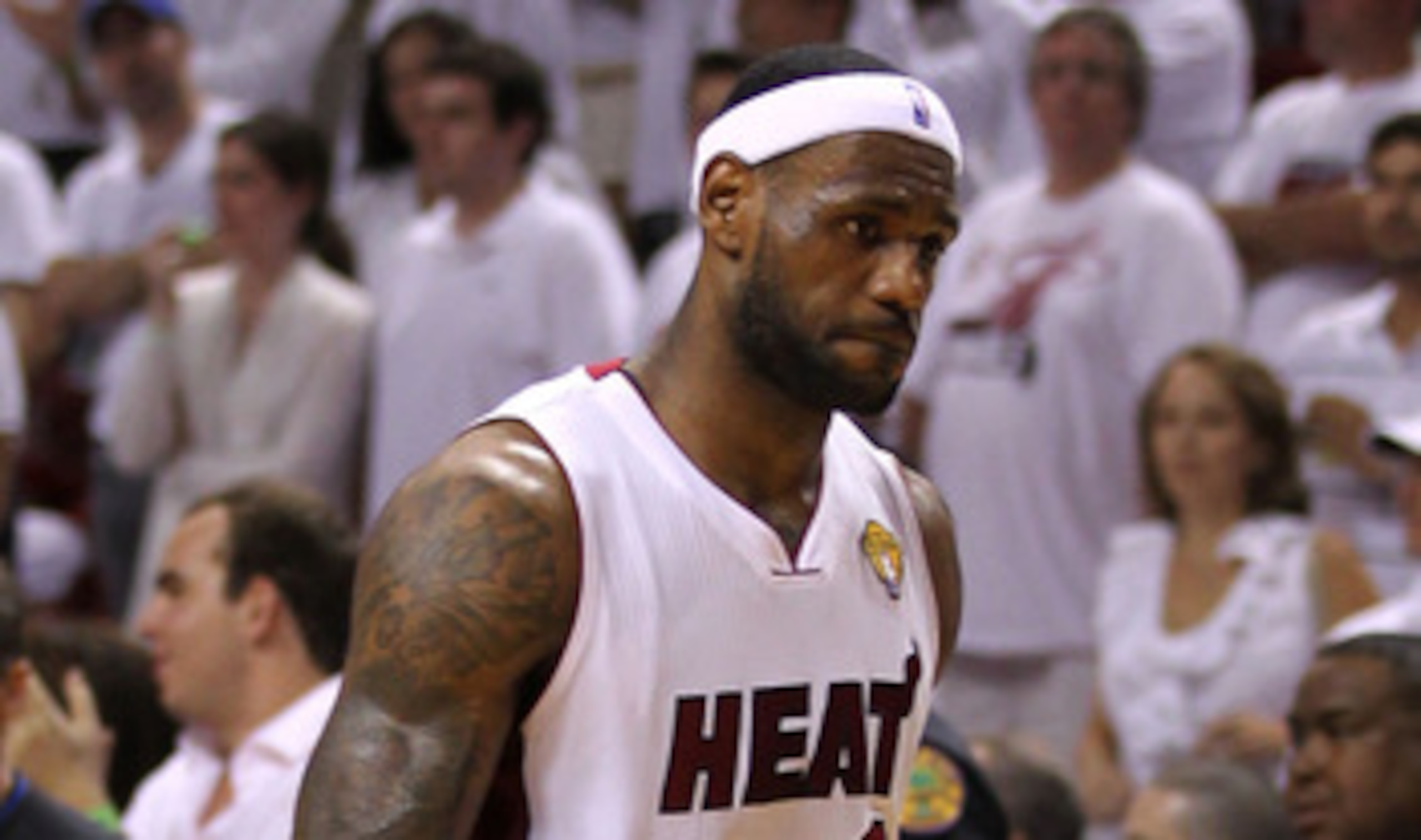 MIAMI, FL - JUNE 12:  LeBron James #6 of the Miami Heat looks on dejected against the Dallas Mavericks in Game Six of the 2011 NBA Finals at American Airlines Arena on June 12, 2011 in Miami, Florida. NOTE TO USER: User expressly acknowledges and agrees t