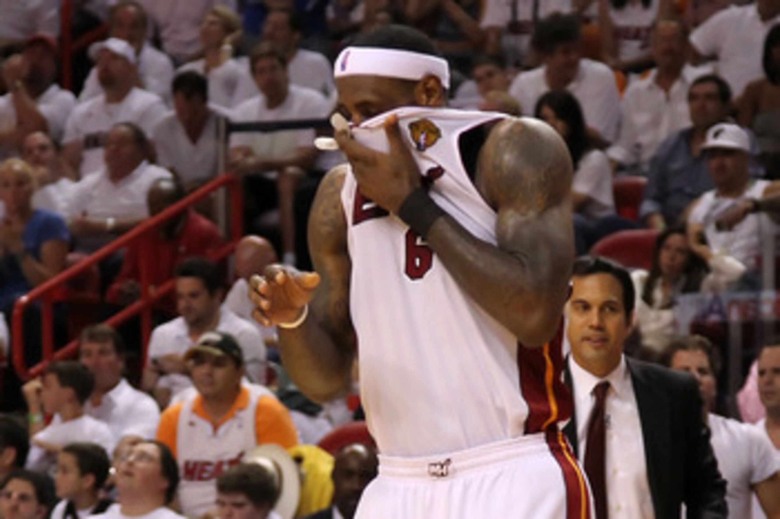 MIAMI, FL - JUNE 12:  LeBron James #6 of the Miami Heat reacts in the fourth quarter while taking on the Dallas Mavericks in Game Six of the 2011 NBA Finals at American Airlines Arena on June 12, 2011 in Miami, Florida. NOTE TO USER: User expressly acknow