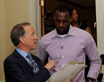 GREENWICH, CT - JULY 08:  (EXCLUSIVE COVERAGE)  Jim Gray of ESPN speaks with LeBron James at attends the LeBron James Pre Decision Meet and Greet on July 8, 2010 in Greenwich, Connecticut. Proceeds from tonight's 2.5 million dollar event will be donated t