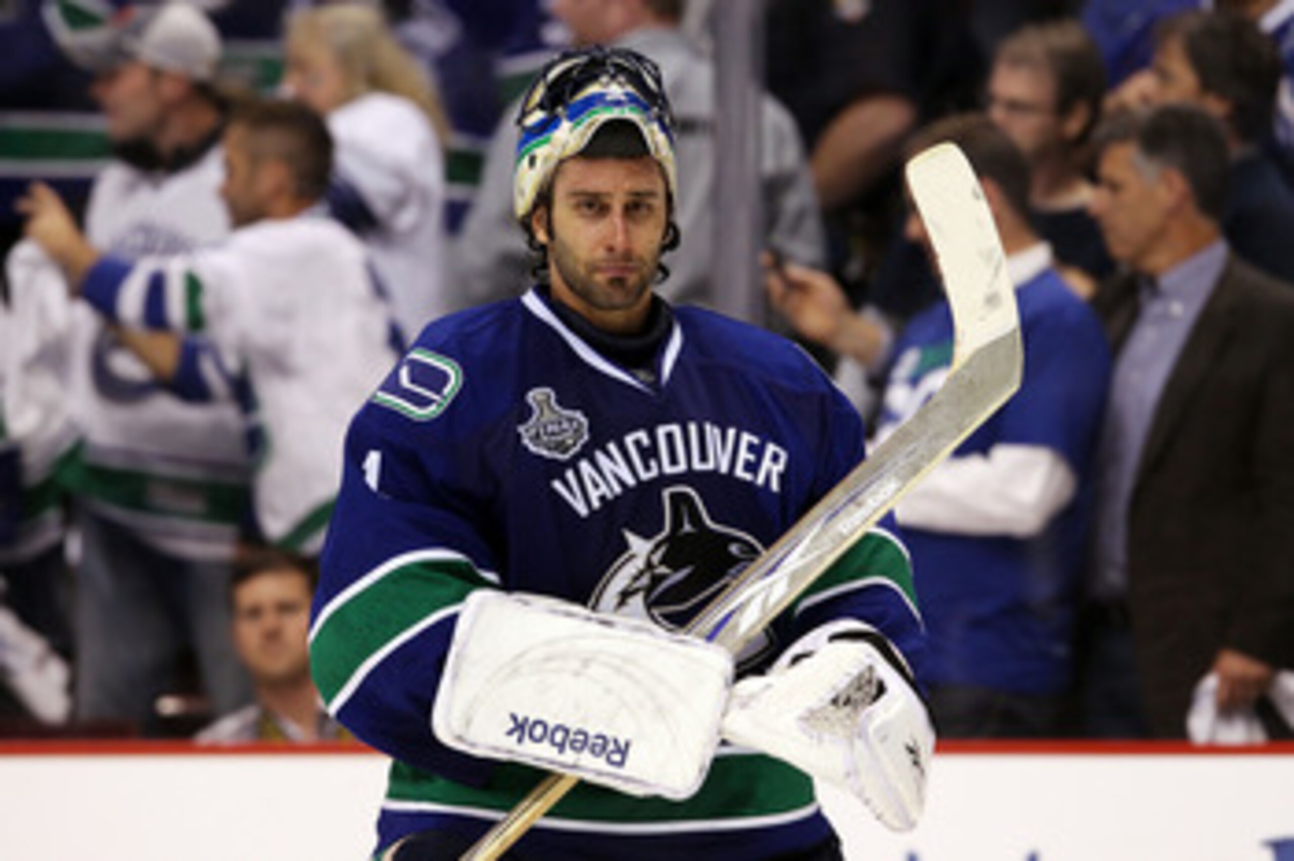 VANCOUVER, BC - JUNE 10:  Roberto Luongo #1 of the Vancouver Canucks looks on against the Boston Bruins during Game Five of the 2011 NHL Stanley Cup Final at Rogers Arena on June 10, 2011 in Vancouver, British Columbia, Canada.  (Photo by Bruce Bennett/Ge