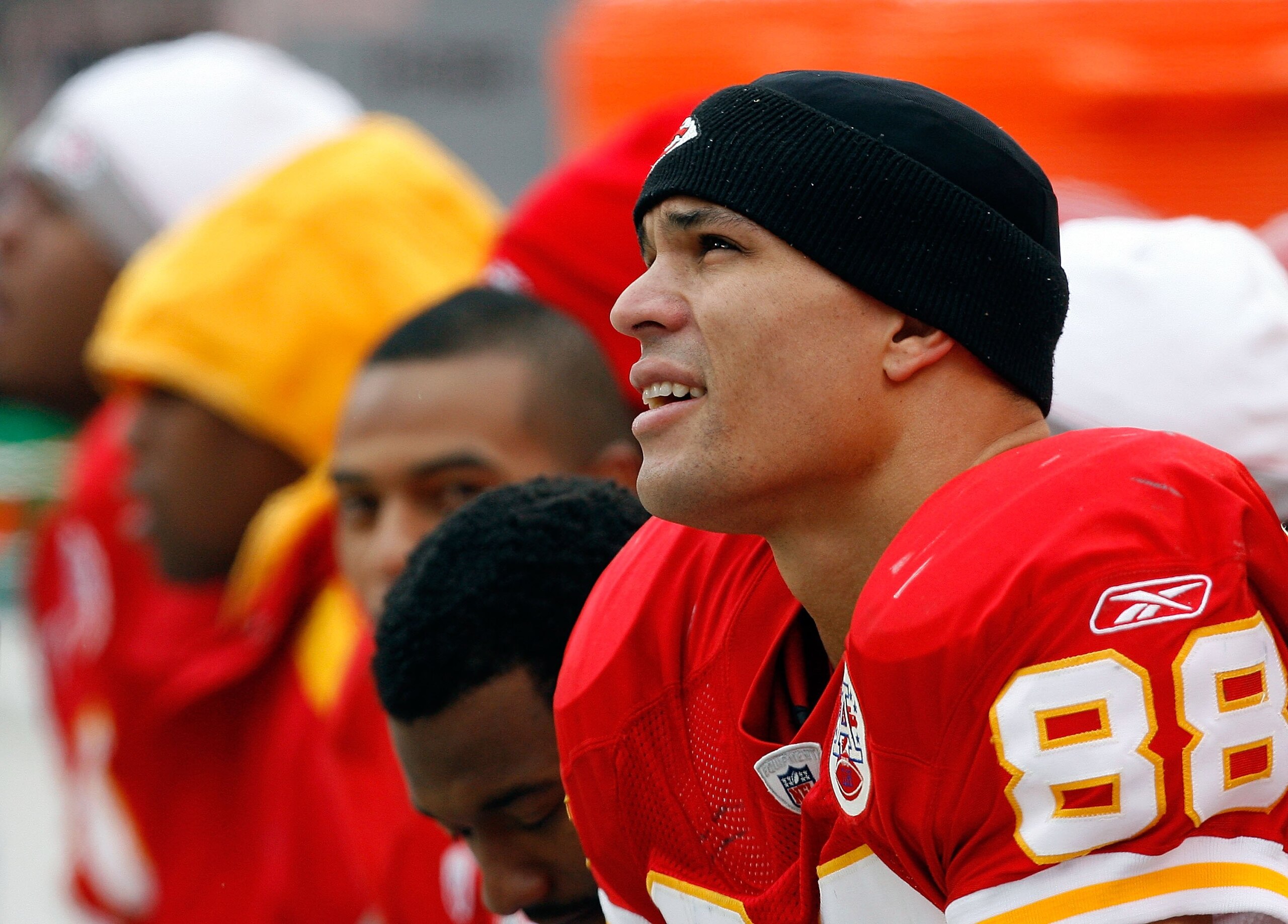 KANSAS CITY, MO - DECEMBER 14:  Tony Gonzalez #88 of the Kansas City Chiefs rests on the bench after his touchdown against the San Diego Chargers during the first half on December 14, 2008 at Arrowhead Stadium in Kansas City, Missouri.  (Photo by Harry Ho