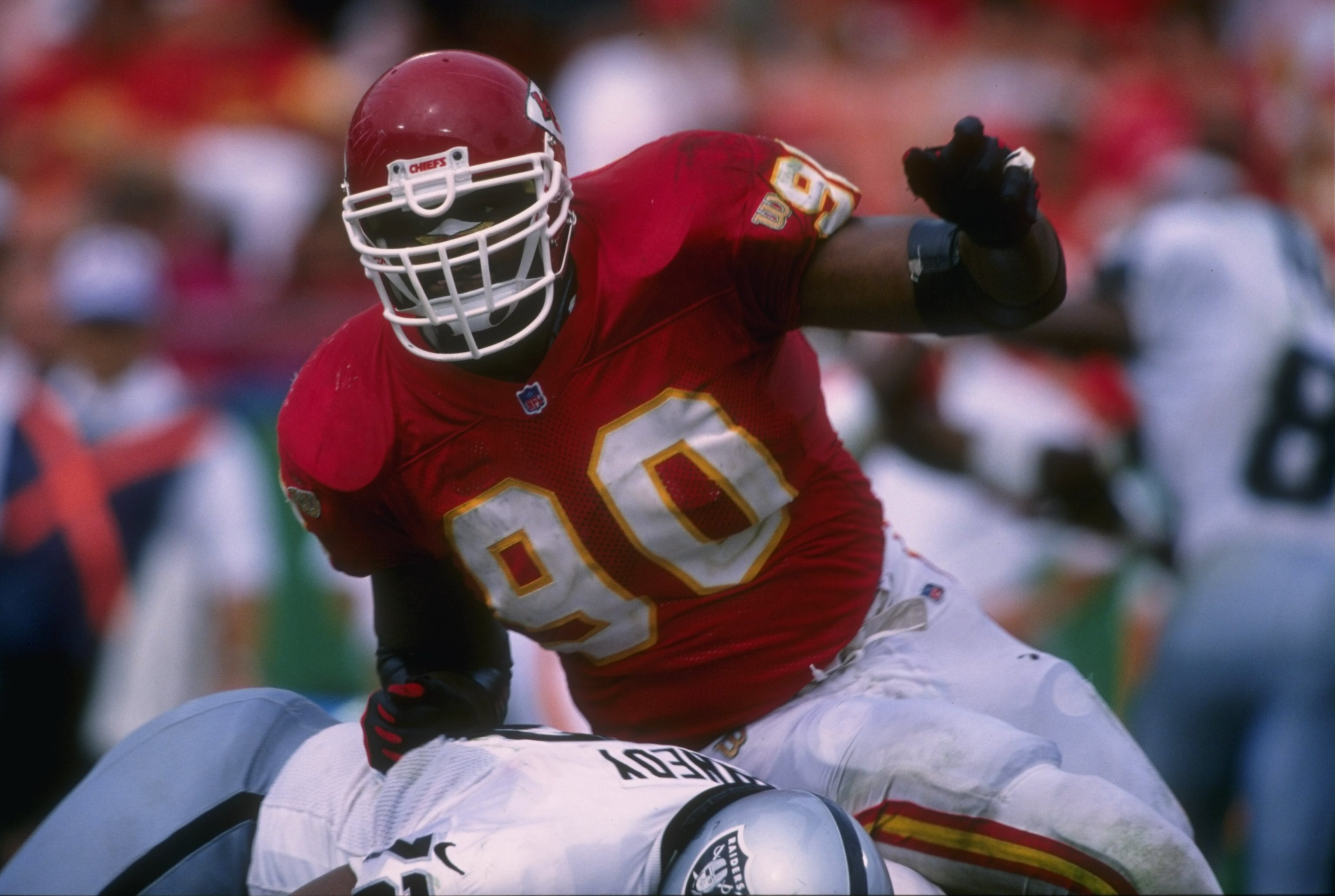 8 Sep 1996:  Defensive lineman Neil Smith of the Kansas City Chiefs in action during the Chiefs 19-3 victory over the Oakland Raiders at Arrowhead Stadium in Kansas City, Missouri.  Mandatory Credit: Stephen Dunn  /Allsport