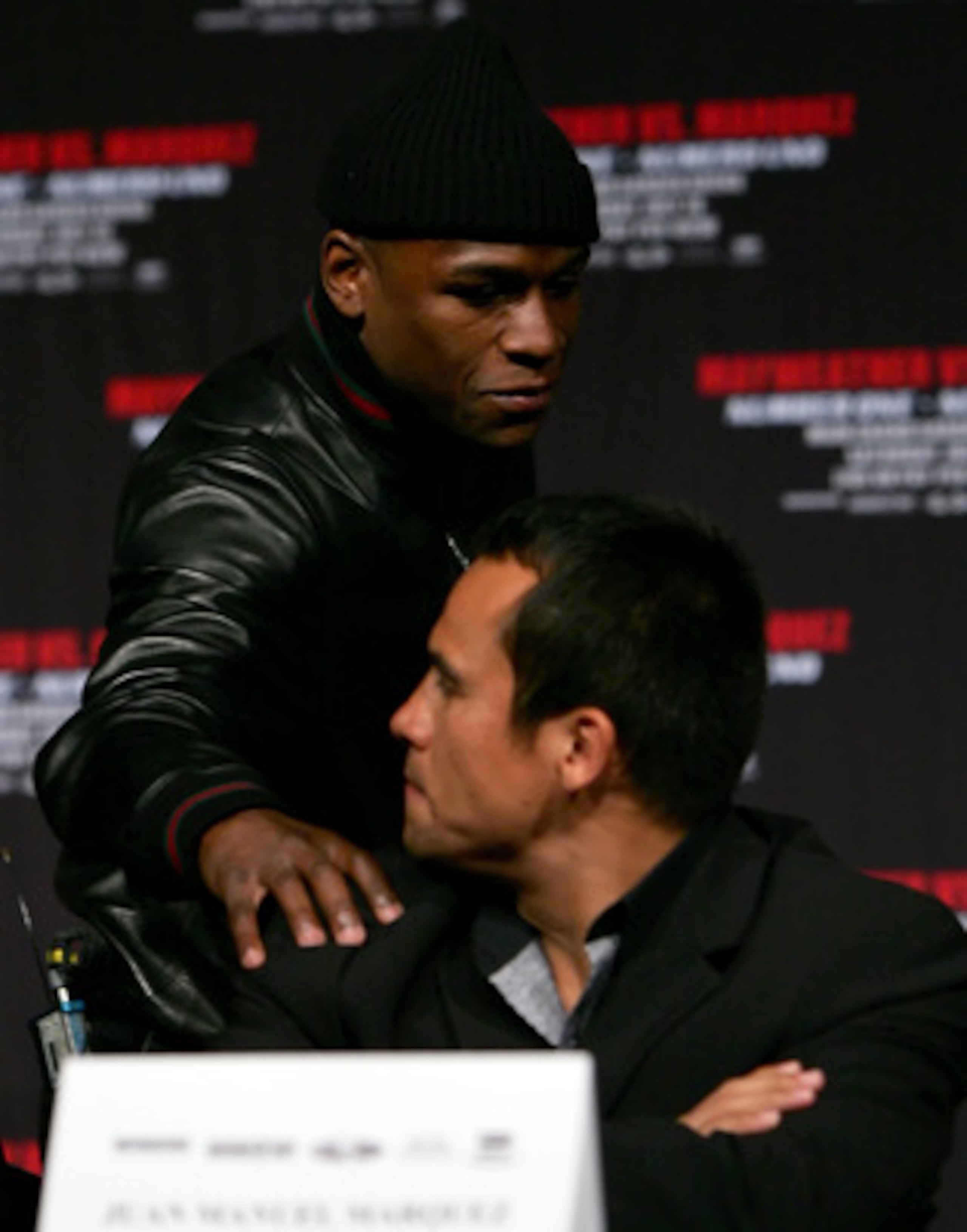 LAS VEGAS - MAY 02:  (L-R) Boxer Floyd Mayweather Jr. greets boxer Juan Manuel Marquez of Mexico during a news conference announcing the return of Mayweather Jr. to the ring and his upcoming fight against Marquez on July 18th during the news conference at