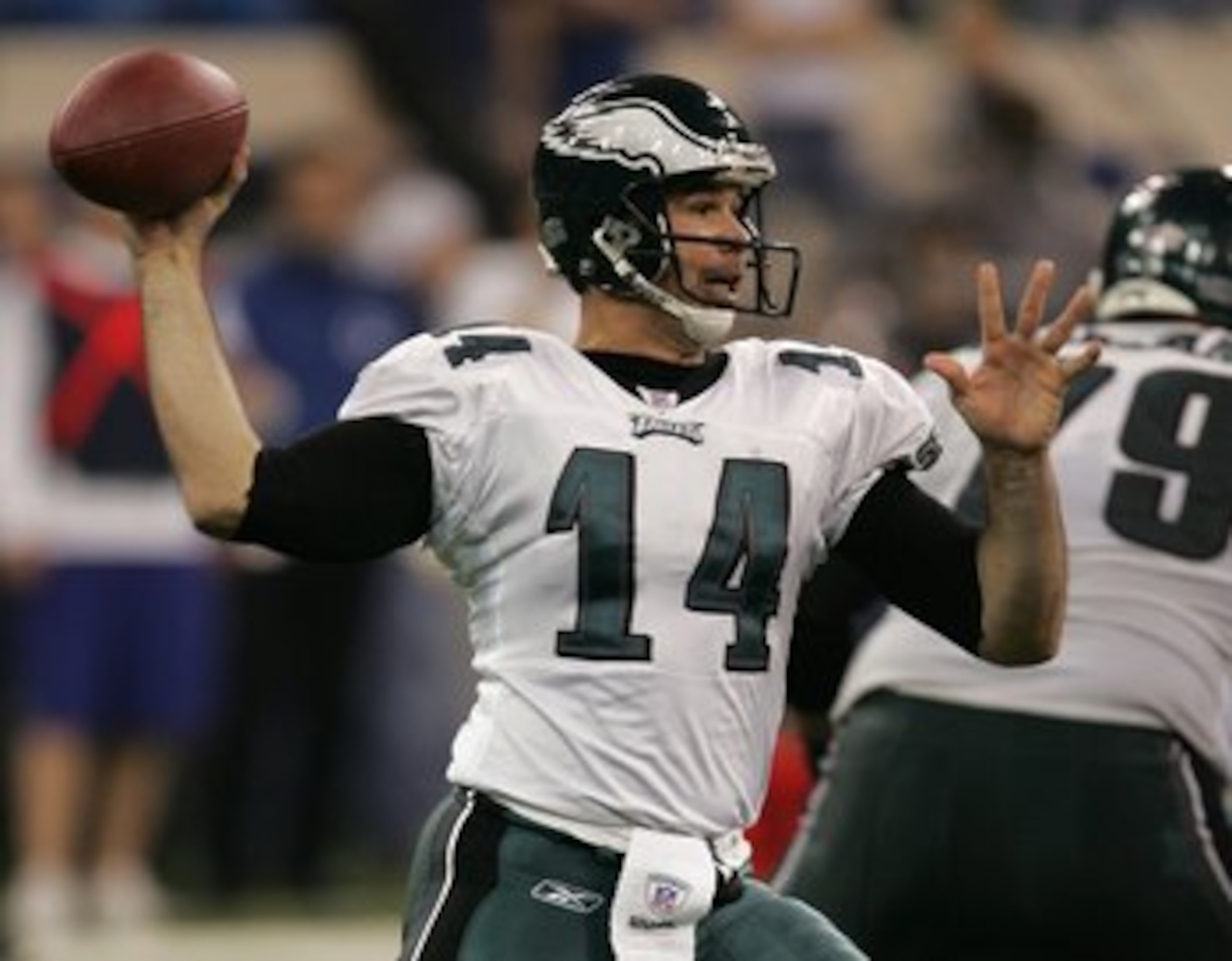 INDIANAPOLIS - NOVEMBER 26:  A.J. Feeley #14 of the Philadelphia Eagles drops back to pass against the Indianapolis Colts November 26, 2006 at the RCA Dome in Indianapolis, Indiana. The Colts won 45-21.  (Photo by Jonathan Daniel/Getty Images)