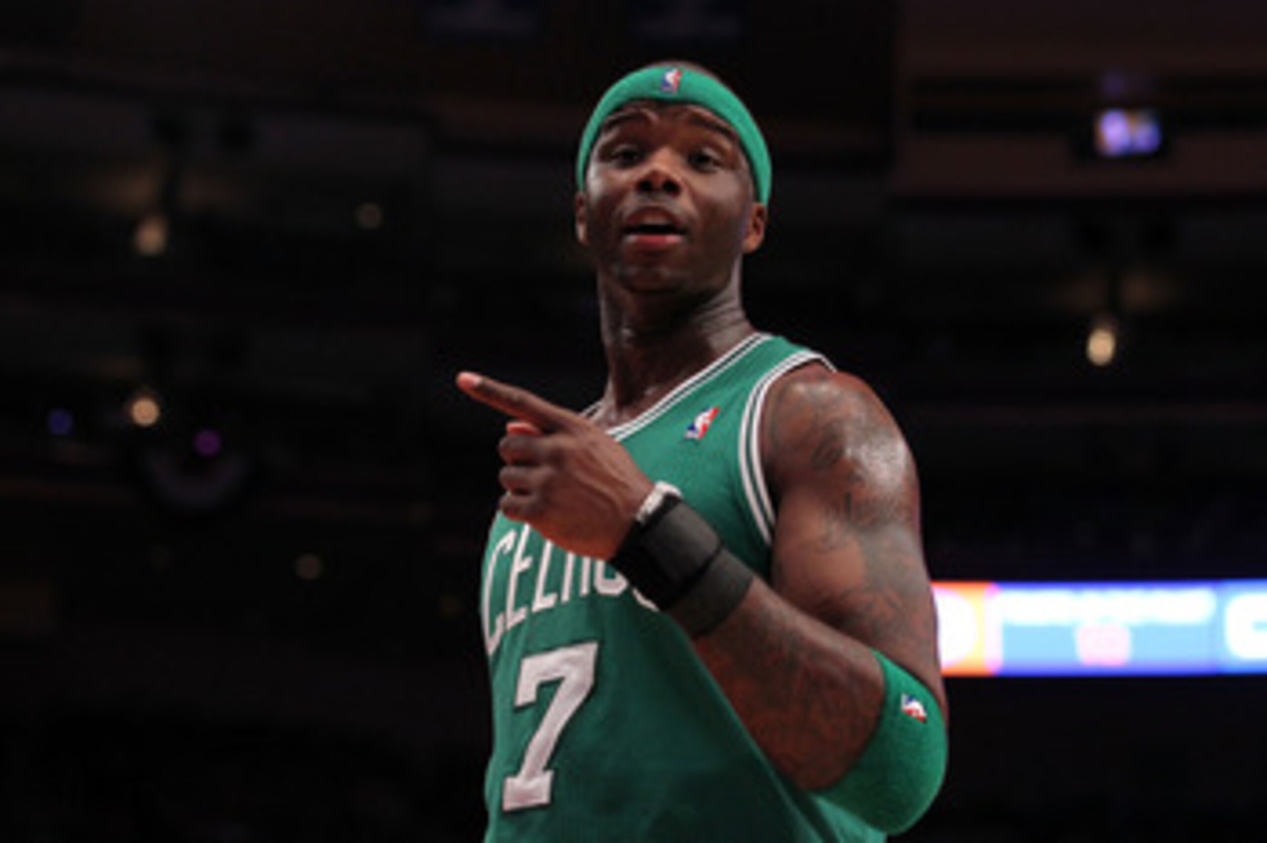 NEW YORK, NY - APRIL 22:  Jermaine O'Neal #7 of the Boston Celtics reacts against the New York Knicks in Game Three of the Eastern Conference Quarterfinals in the 2011 NBA Playoffs on April 22, 2011 at Madison Square Garden in New York City.  NOTE TO USER