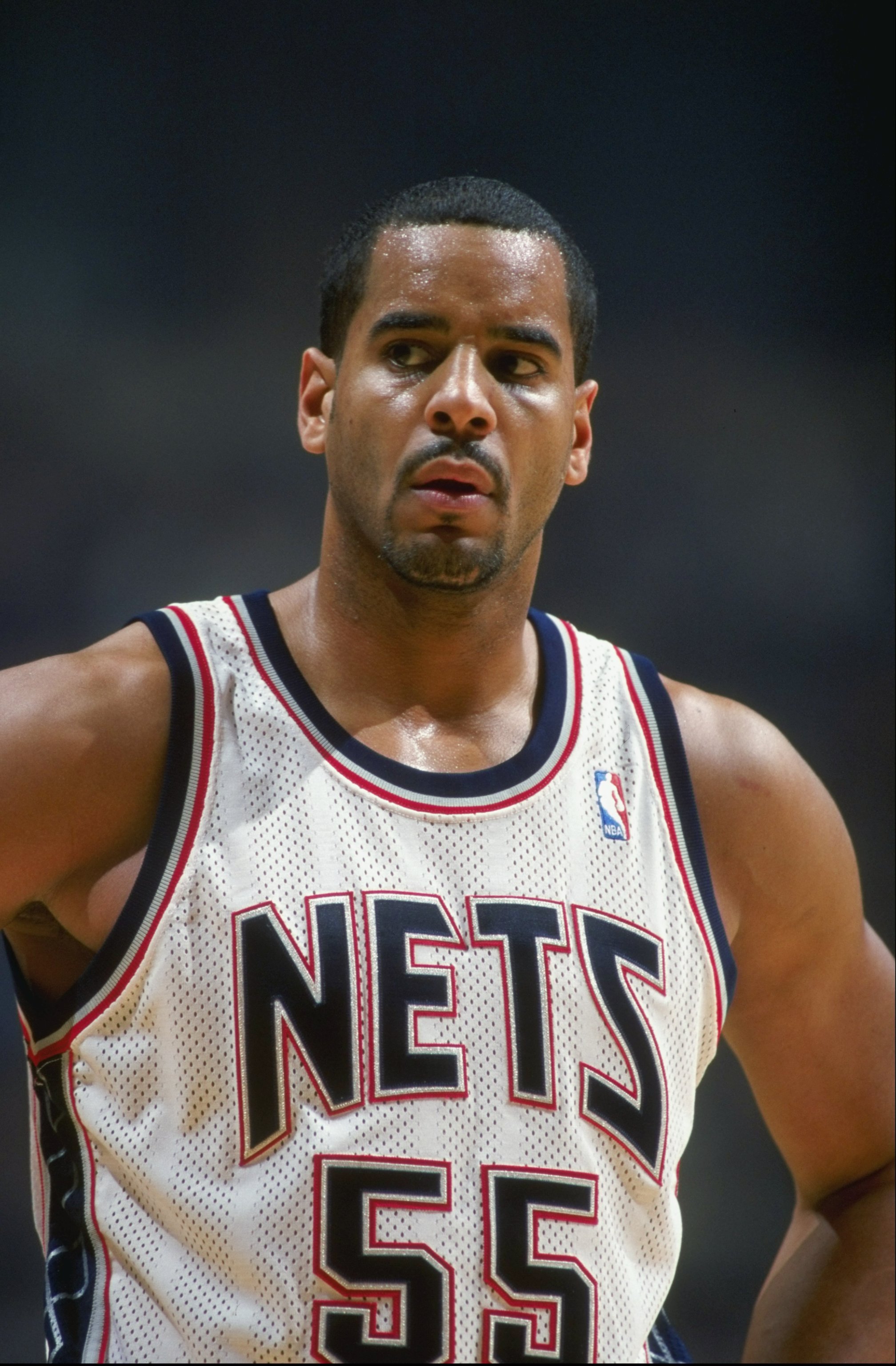 7 Feb 1999:  Jayson Williams #55 of the New Jersey Nets lookS on during the game against the Atlanta Hawks at the Continental Airlines Arena in East Rutherford, New Jersey. The Nets defeated the Hawks 79-69.   Mandatory Credit: Al Bello  /Allsport