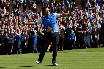 NEWPORT, WALES - OCTOBER 04:  Graeme McDowell of Europe celebrates his birdie putt on the 16th green in the singles matches during the 2010 Ryder Cup at the Celtic Manor Resort on October 4, 2010 in Newport, Wales.  (Photo by Sam Greenwood/Getty Images)