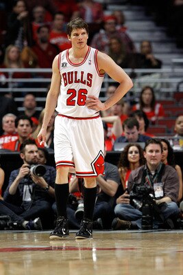 CHICAGO, IL - MAY 18:  Kyle Korver #26 of the Chicago Bulls looks on against the Miami Heat in Game Two of the Eastern Conference Finals during the 2011 NBA Playoffs on May 18, 2011 at the United Center in Chicago, Illinois. NOTE TO USER: User expressly a