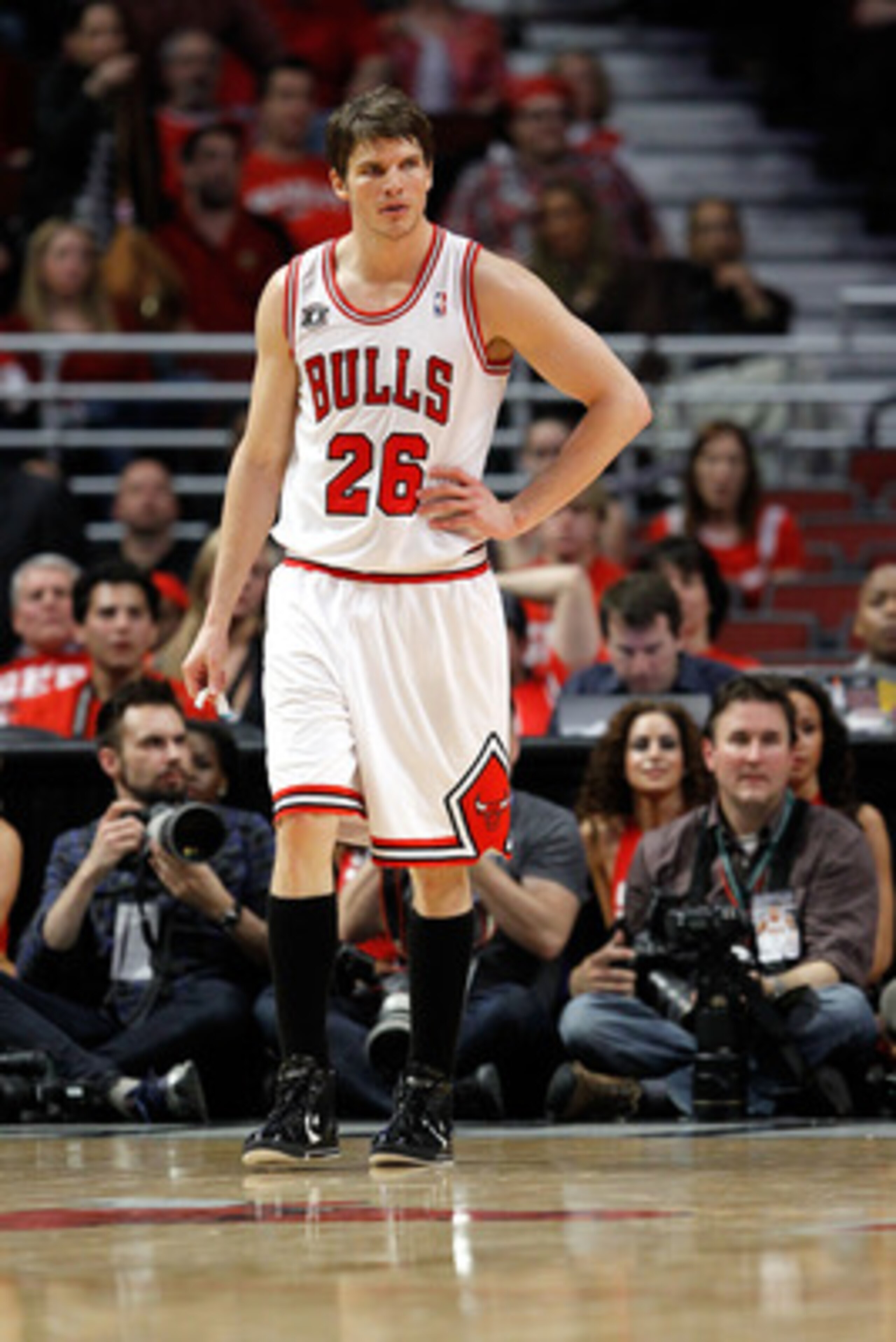 CHICAGO, IL - MAY 18:  Kyle Korver #26 of the Chicago Bulls looks on against the Miami Heat in Game Two of the Eastern Conference Finals during the 2011 NBA Playoffs on May 18, 2011 at the United Center in Chicago, Illinois. NOTE TO USER: User expressly a