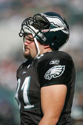 PHILADELPHIA - OCTOBER 31:  Defensive tackle Sam Rayburn #91 of the Philadelphia Eagles watches the game against the Baltimore Ravens at Lincoln Financial Field on October 31, 2004 in Philadelphia, Pennsylvania. The Eagles defeated the Ravens 15-10. (Phot