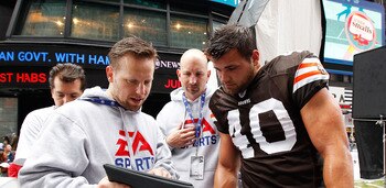 NEW YORK - APRIL 28:  Peyton Hillis #40 of the Cleveland Browns participates in a photo shoot for the cover of EA Sports Madden NFL 12 on April 28, 2011 in Time Square, New York City  (Photo by Mike Stobe/Getty Images for EA Sports)