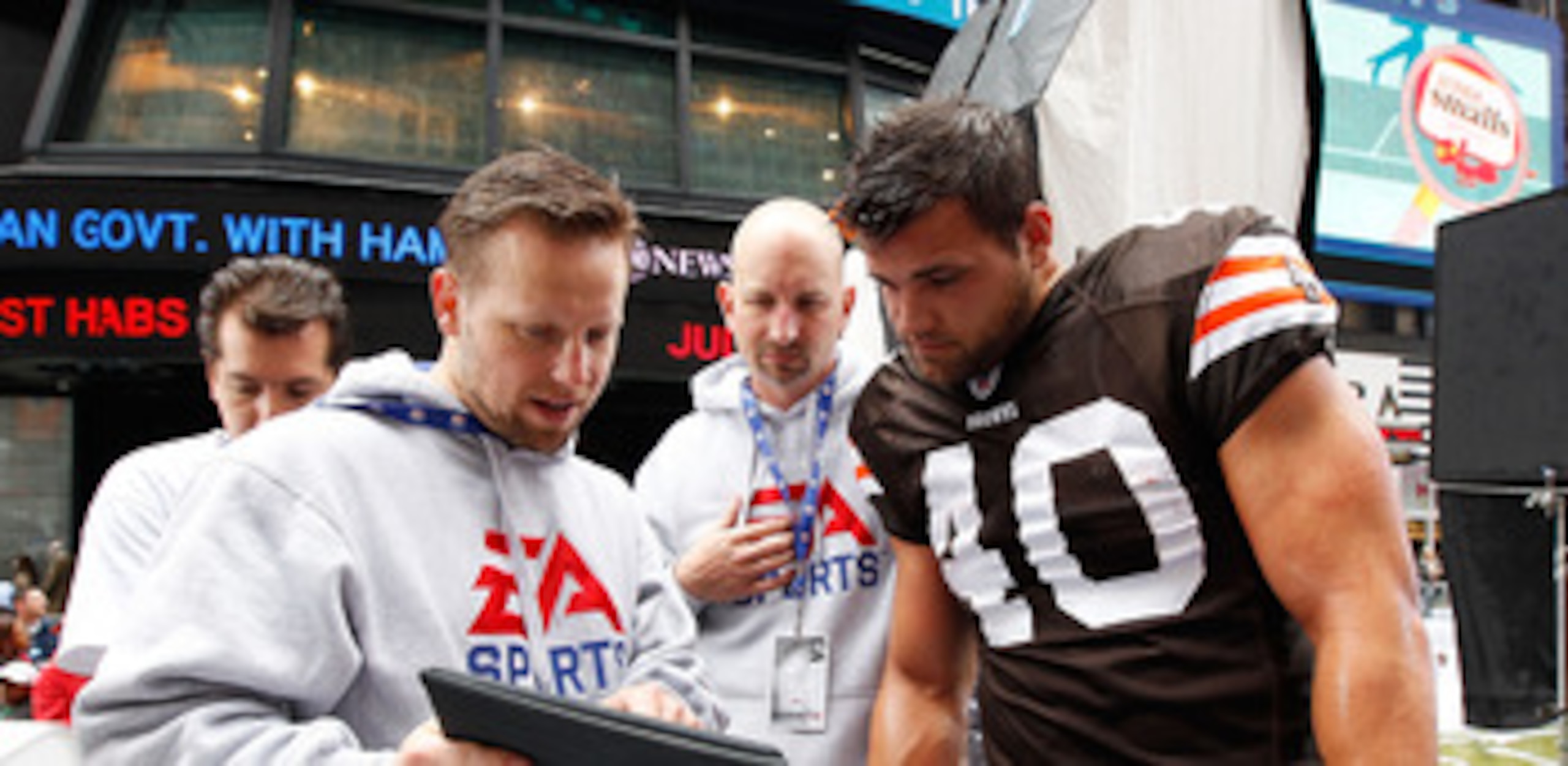 NEW YORK - APRIL 28:  Peyton Hillis #40 of the Cleveland Browns participates in a photo shoot for the cover of EA Sports Madden NFL 12 on April 28, 2011 in Time Square, New York City  (Photo by Mike Stobe/Getty Images for EA Sports)
