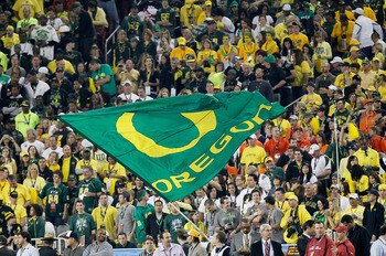 GLENDALE, AZ - JANUARY 10:  An Oregon Ducks flag is displayed at the Tostitos BCS National Championship Game against the Auburn Tigers at University of Phoenix Stadium on January 10, 2011 in Glendale, Arizona.  (Photo by Kevin C. Cox/Getty Images)