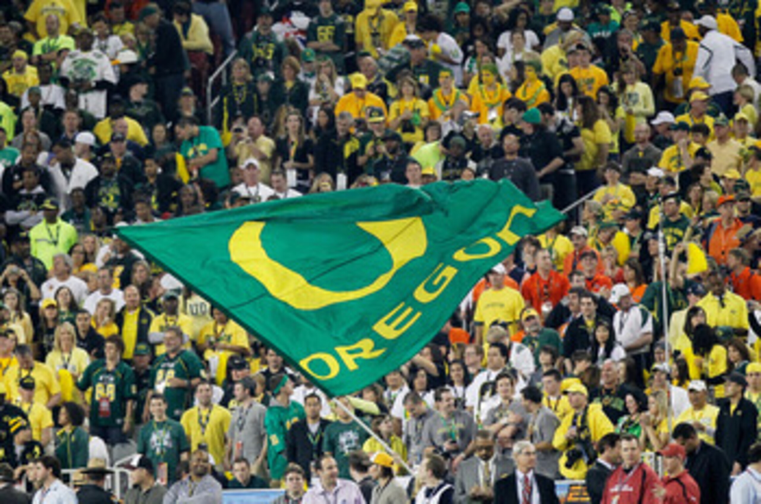 GLENDALE, AZ - JANUARY 10:  An Oregon Ducks flag is displayed at the Tostitos BCS National Championship Game against the Auburn Tigers at University of Phoenix Stadium on January 10, 2011 in Glendale, Arizona.  (Photo by Kevin C. Cox/Getty Images)